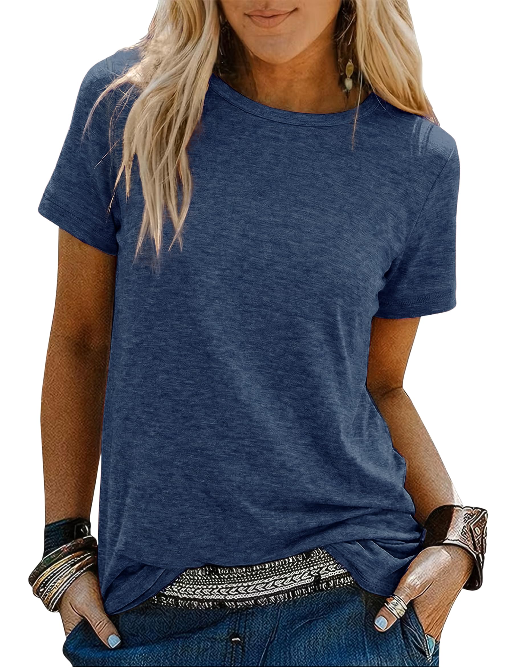 Demegimi Tshirt Damen Sommer Tops Rundhals Kurzarm Oberteile Locker Elegant Bluse Sommer Casual Basic Tee