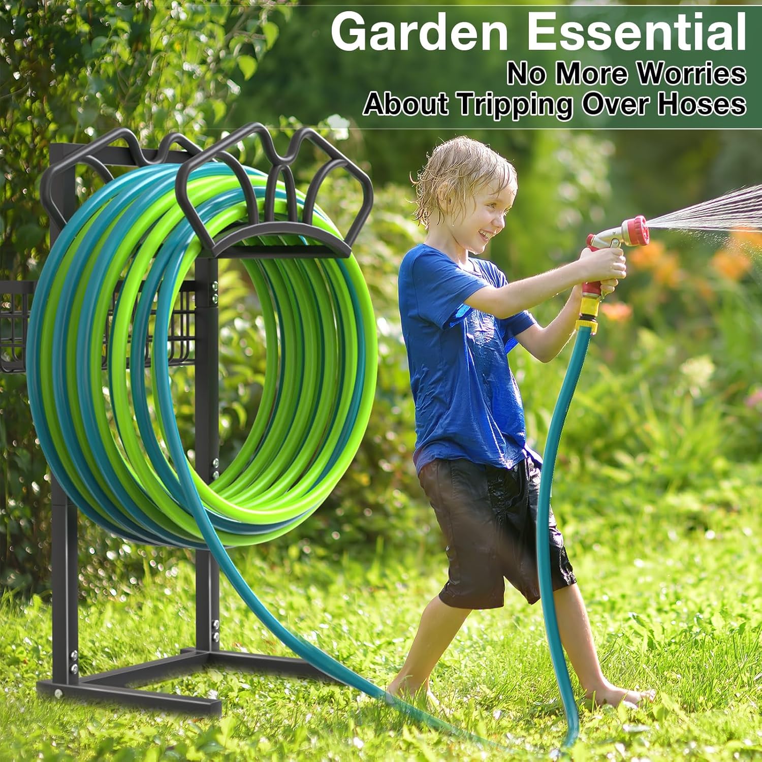Qatsrin Upgraded Garden Hose Holder with Large Basket, Heavy Duty Water Hose Holder Supports 160-ft Hoses, Freestanding Detachable Hose Stand Storage Reel Hanger Rack for Yard Lawn Farm