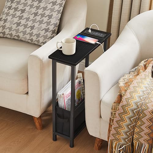 Miniatura 14 de Mesa auxiliar de carga delgada con almacenamiento, para espacios pequeños y dormitorio Marrón (Rustic Brown),Negro