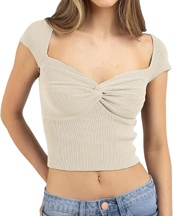 Awoscut Womens Summer Crop Tops Y2k Casual Slim Fit Ribbed Bustier Cropped Tee Shirts Blouses E Girl Streetwear