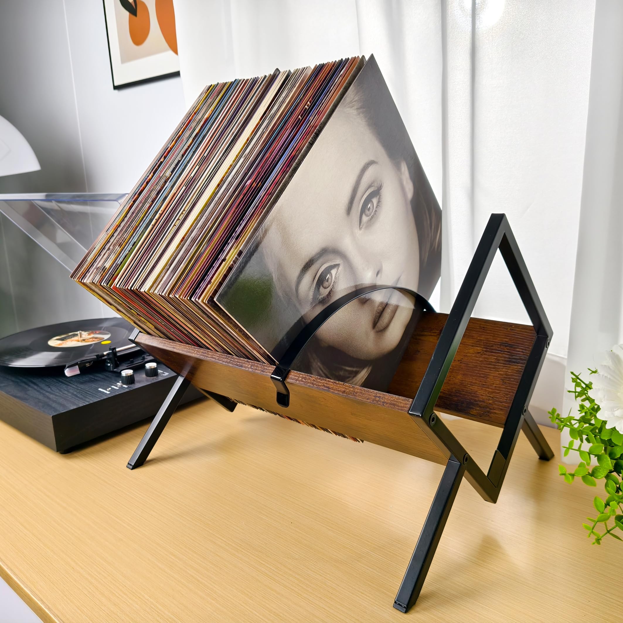 Xstermism Vinyl Record Holder, 80-100 LP Vinyl Record Storage Rack, Quick Assembly vinyl record stand, Minimalism and Retro Style Organizer for Vinyl Records, CD, Magazine, Book, Files, Black