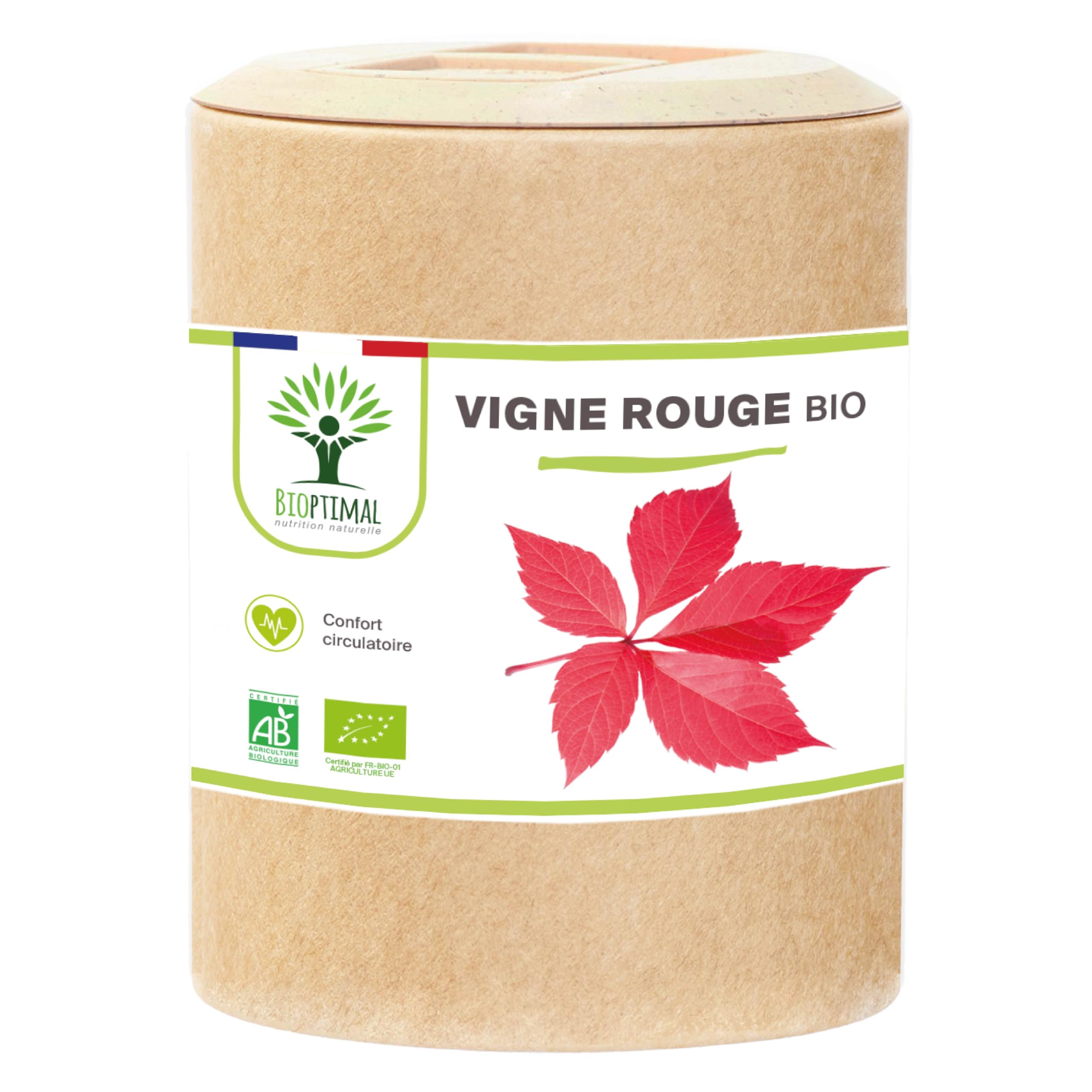 Vigne rouge Bio - Complément alimentaire Bioptimal - Jambes Lourdes Peau Saine Circulation Sanguine Hémorroïdes - 300 mg de Feuille de Vigne x gélule - Made in France - Certifié Ecocert - 200 gélules