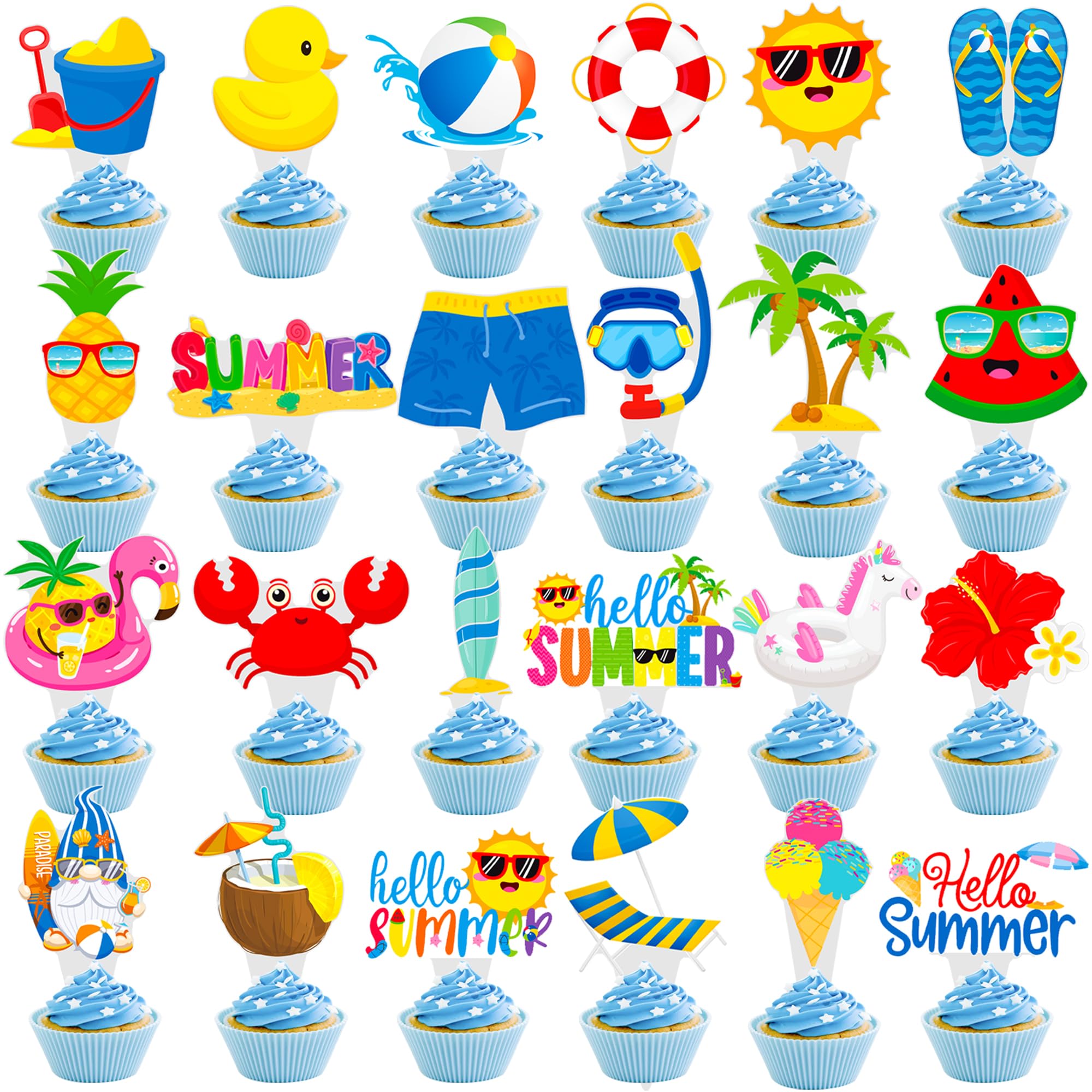48Pcs Summer Beach Cupcake Toppers Hello Summer Party Decorations Pool Party Hello Birthday Cupcake Picks Cake Topper for Hawaiian Themed Baby Shower Supplies (47)
