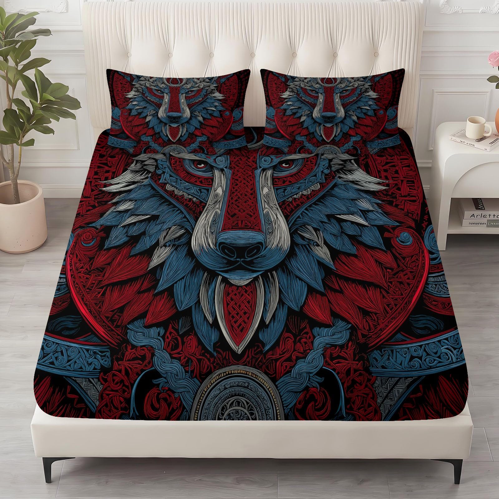 Juego de sábanas bajeras ajustables de 3 piezas, 160 x 200 cm, diseño retro tribal de cabeza de lobo tótem, de microfibra, suave y acogedora, con 2 fundas de almohada de 80 x 80 cm, colchones de hasta
