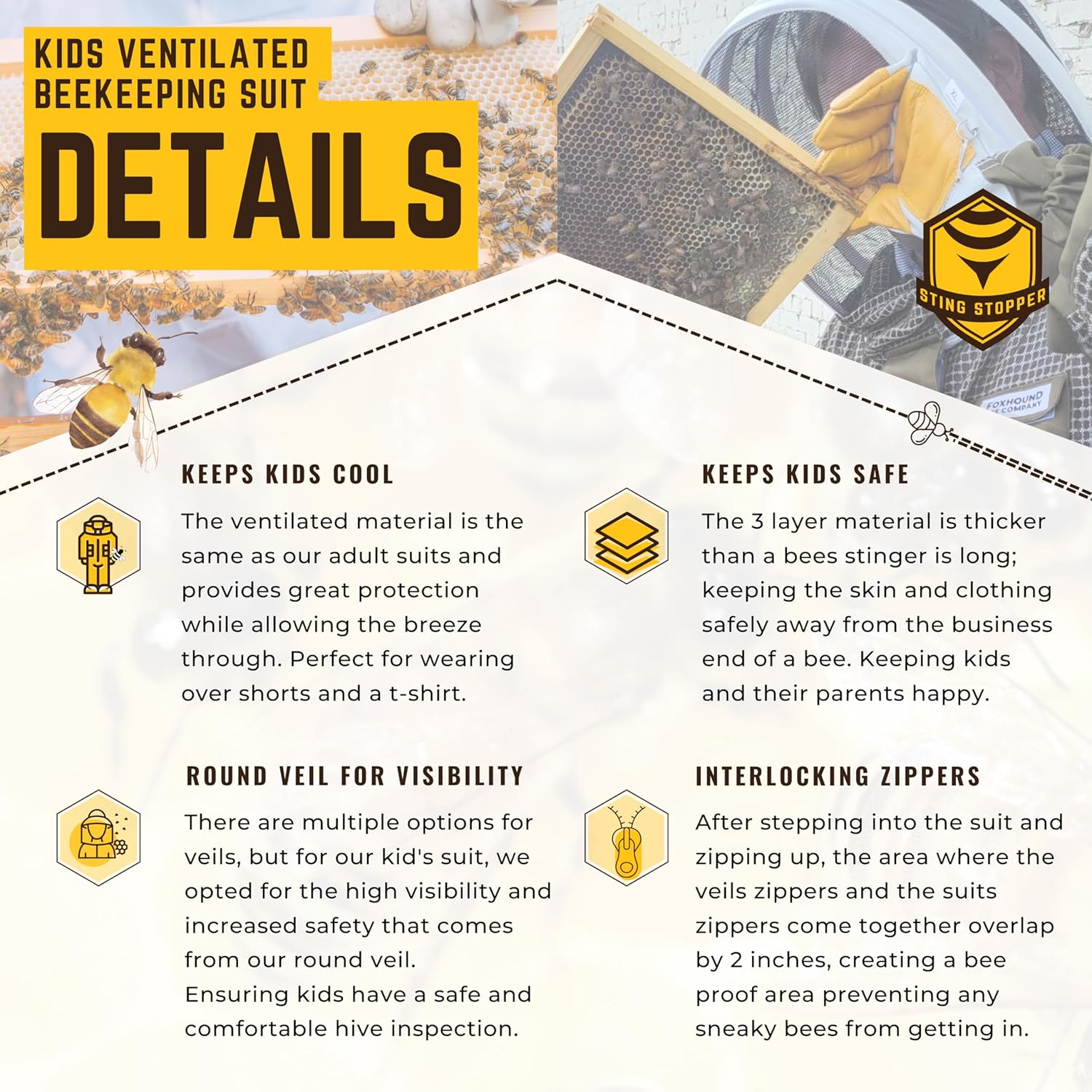 Sting Stopper Kids Fully Ventilated Beekeeping Suit: Safe, Comfortable, and Designed for Junior Beekeepers; Best Bee Suit for Boys and Girls with its Smart Design and Easy-to-See-Through Veil, Medium