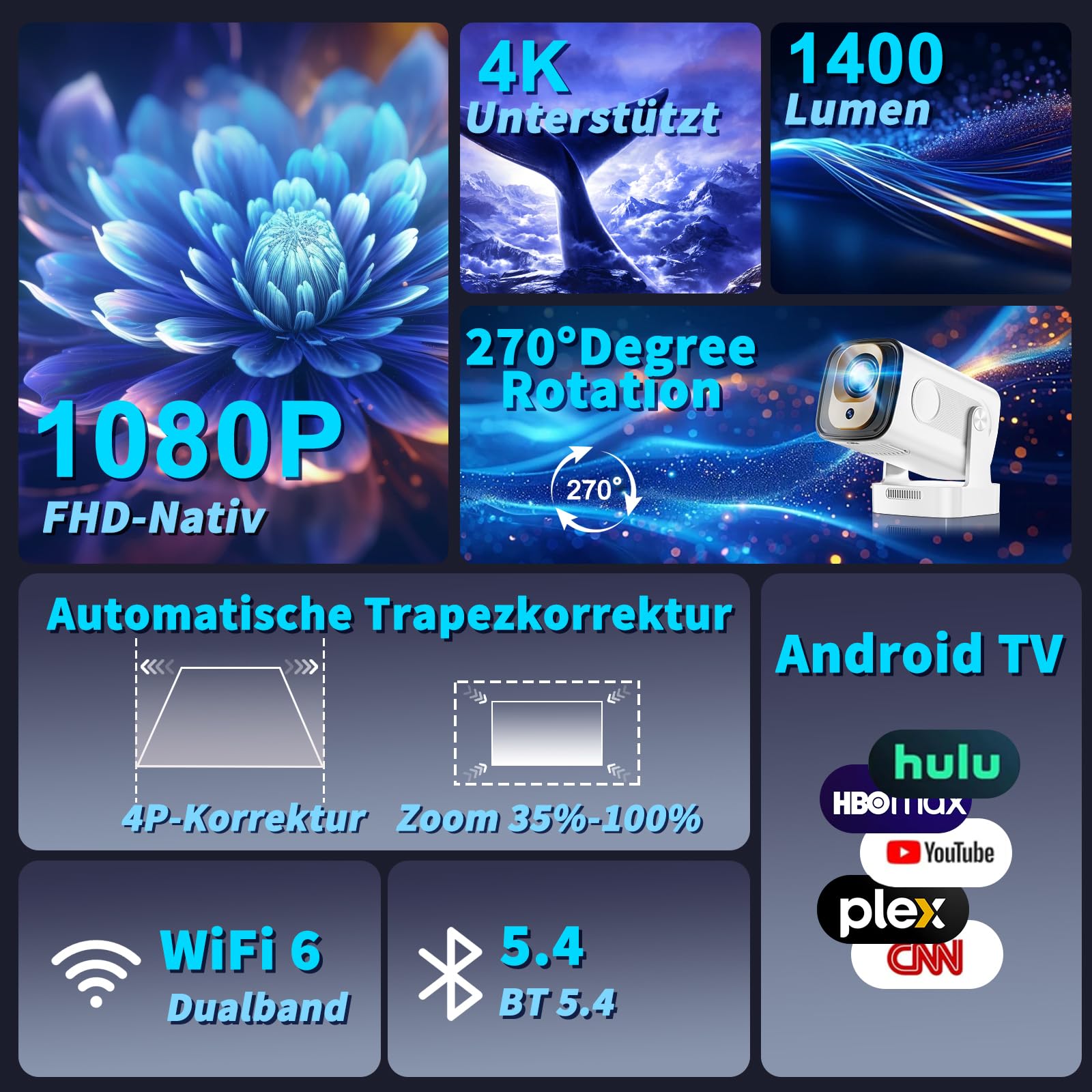 Mini proiettore 4K 1080P Bluetooth5.2 WiFi 6 con proiettore Android 11 4k home cinema 180° girevole Proyector con HDMI per Android/PC/HDMI/USB, bianco