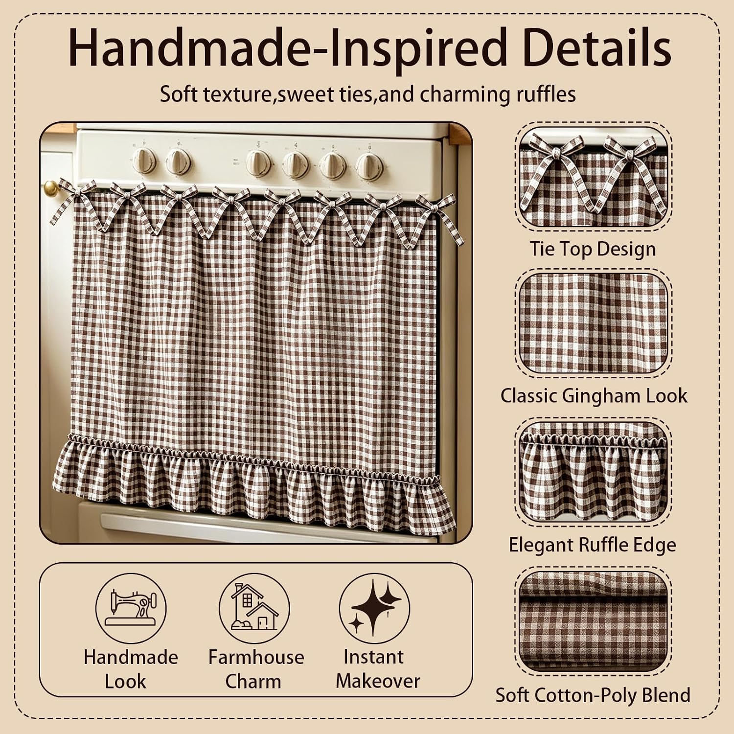 Handmade Farmhouse Hidden Skirt Curtain, Tie Top Heat‑Resistant Kitchen Curtain with Ruffles & Ribbon Ties for Oven, Stove & Dishwasher, Rustic Kitchen Décor image 4