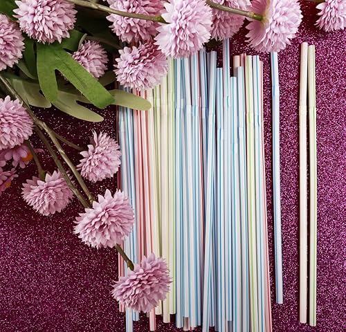 Miniatura 5 de 200 popotes de plástico desechables flexibles, varios colores, a rayas, 8.26 pulgadas de alto, diámetro de 0.197 in