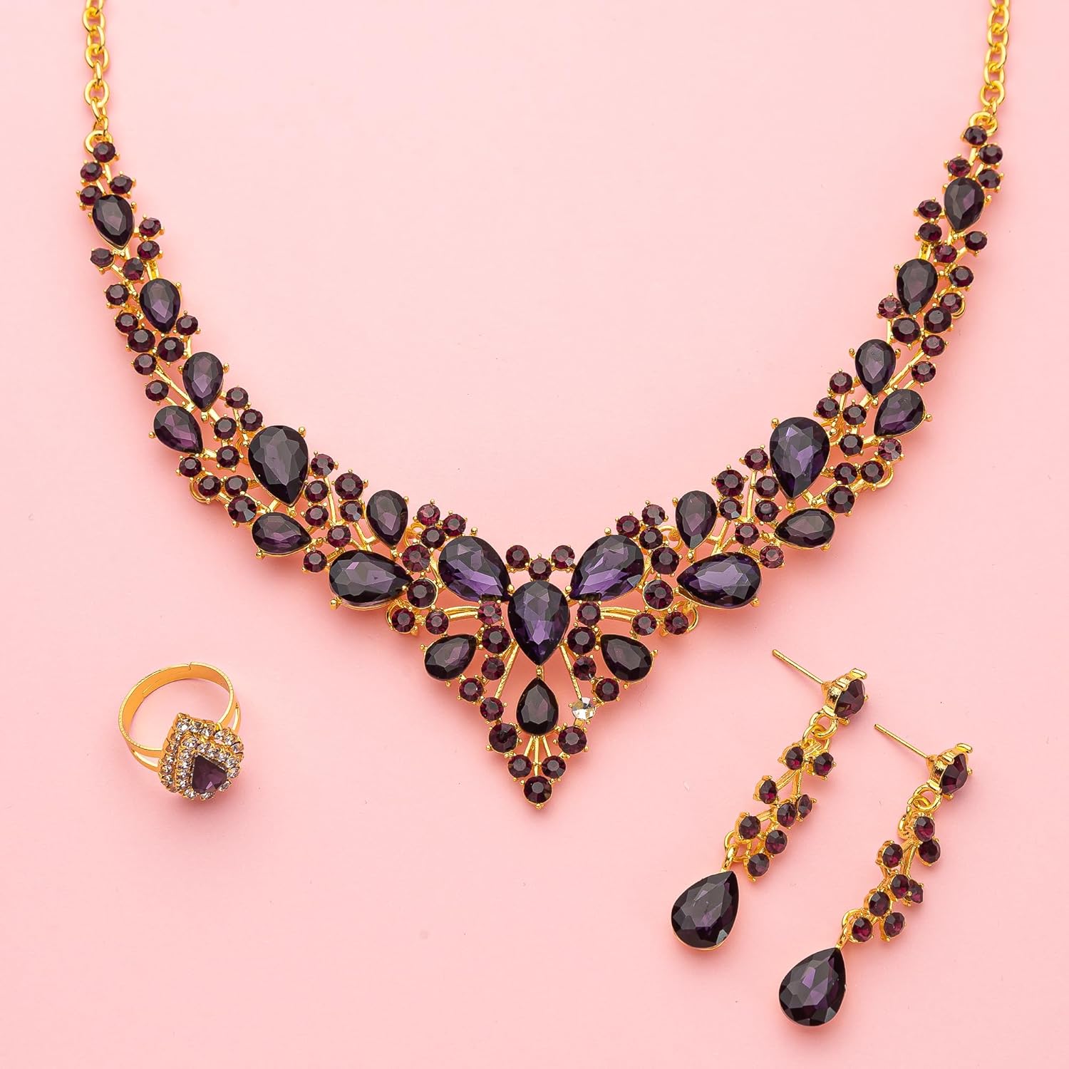 Crystal Bridal Wedding Jewelry Sets for Women Rhinestone Teardrop Crystal Statement Choker Necklace Drop Earrings Link Bracelets Rings Teardrop Jewelry Set for Brides Bridesmaids - Image 4