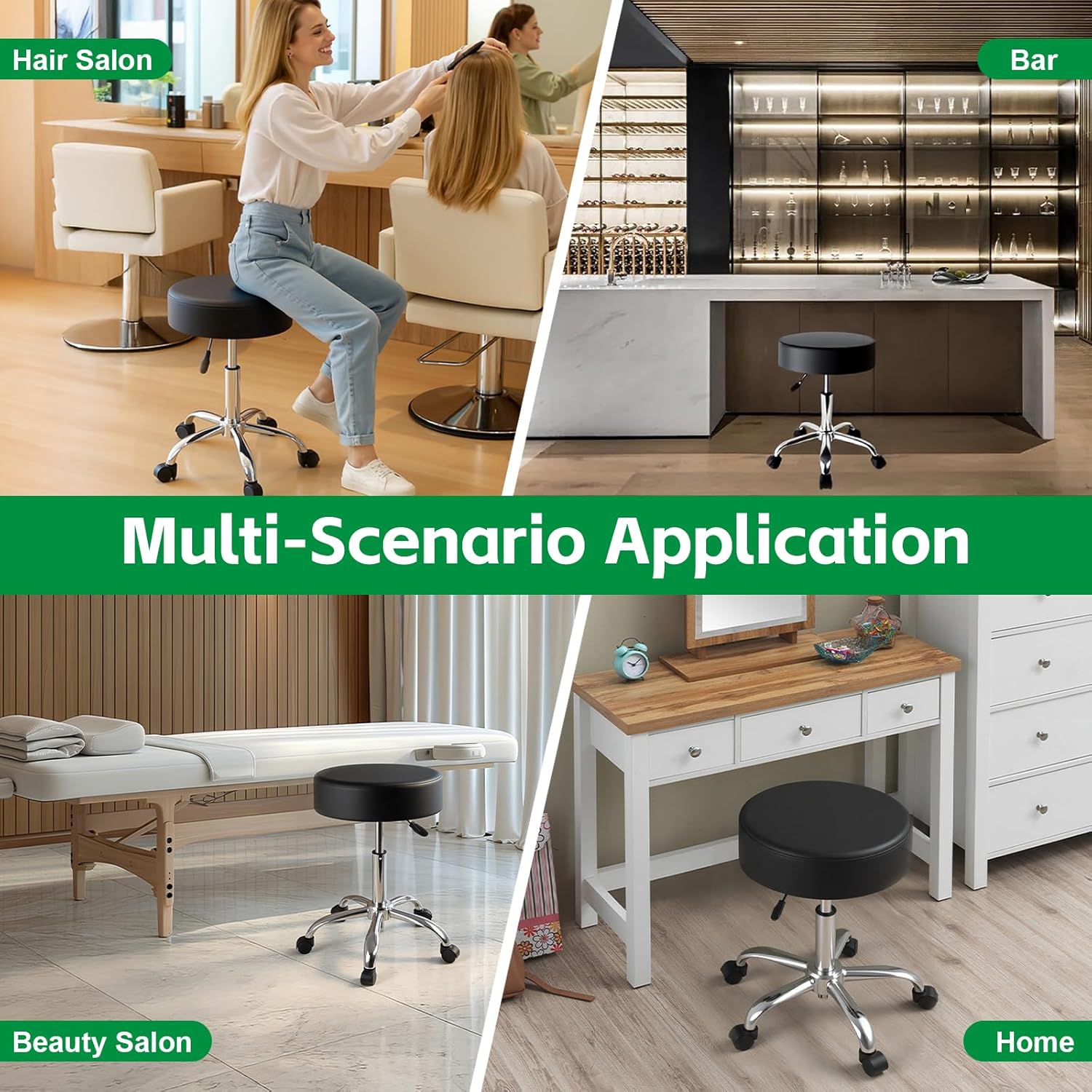 Silver Rolling Stool with Wheels, 360° Swivel Adjustable Height Stool, 400LB Capacity PU Leather - for Salon, Tattoo, Office, Medical, Home & Spa