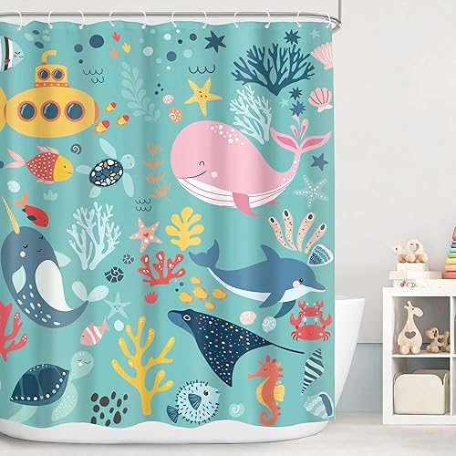 Miniatura 9 de Cortina de ducha para niños, océano, verano, linda ballena de dibujos animados, divertida decoración de baño para guardería, niños y niñas