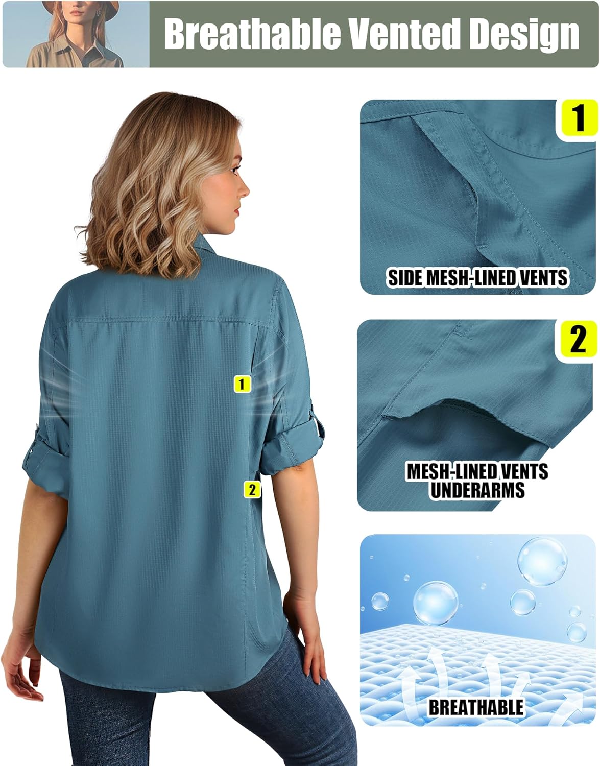 33,000ft Women's UPF 50+ UV Long Sleeve Sun Protection Safari Shirts Quick Dry Outdoor Fishing Hiking Travel Shirt