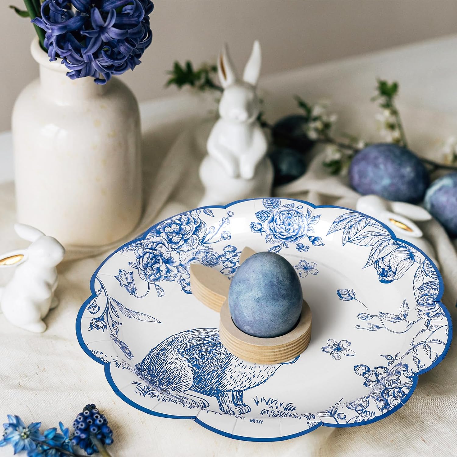 40Pcs Easter Scalloped Paper Plates Blue Floral Bunny Disposable Plates 9 Inch Rabbit Flower Dinner Plates for Spring Baby Shower Birthday Party Supplies - Image 4
