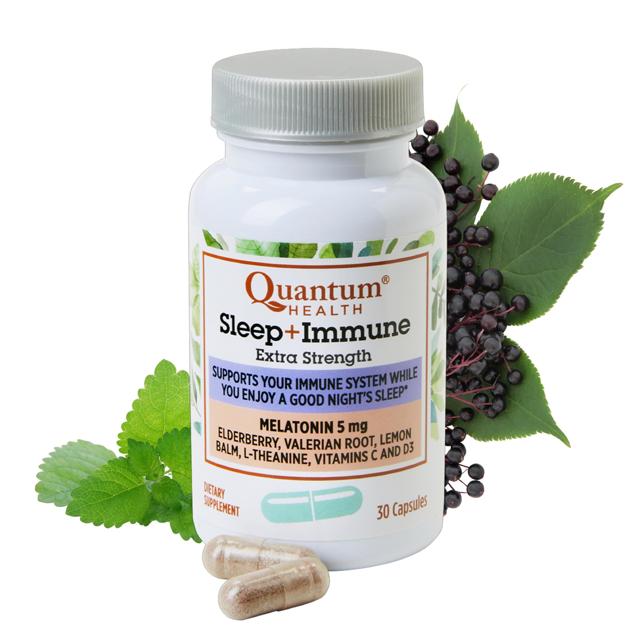 Quantum Health Sleep Immune Melatonin 5mg Support Supplement L Theanine Valerian Root + Elderberry Vitamin C & D Immunity Boost Daily Whole Body Wellness for Women & Men - 30 Capsules
