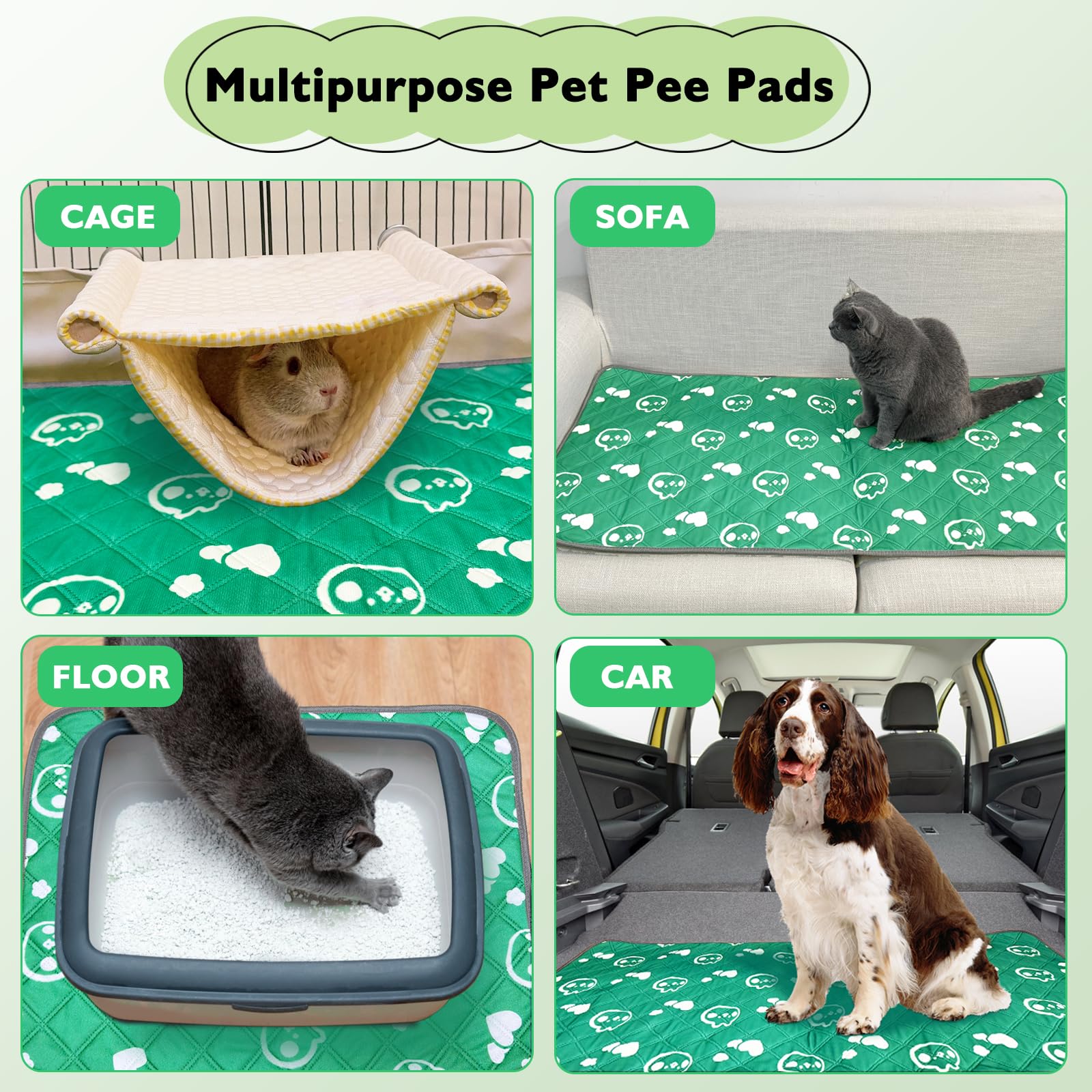 Lot de 4 tapis lavables pour cage de cochon d'Inde, imperméables, réutilisables et antidérapants, super absorbants pour petits animaux, lapin, hamster, rat (vert, 61 x 45,7 cm)