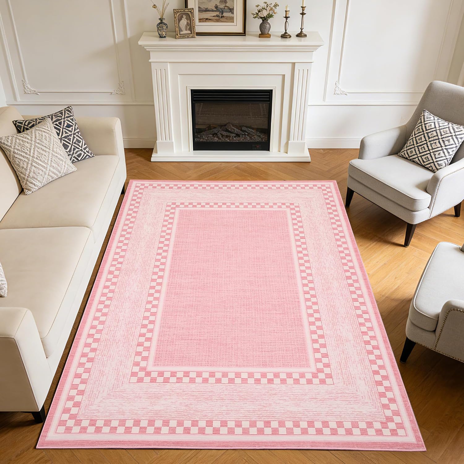 GarveeHome Checkered Area Rug 8x10, No Slip Washable Rug, Modern Bedroom Rug Under Bed Ultra Carpet, Low-Pile Rugs for Living Room Bedroom Dining Room, Pink