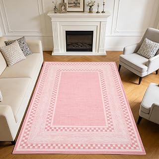 GarveeHome Checkered Area Rug 2x6, No Slip Washable Rug, Modern Bedroom Rug Under Bed Ultra Carpet, Low-Pile Rugs for Living Room Bedroom Dining Room, Pink