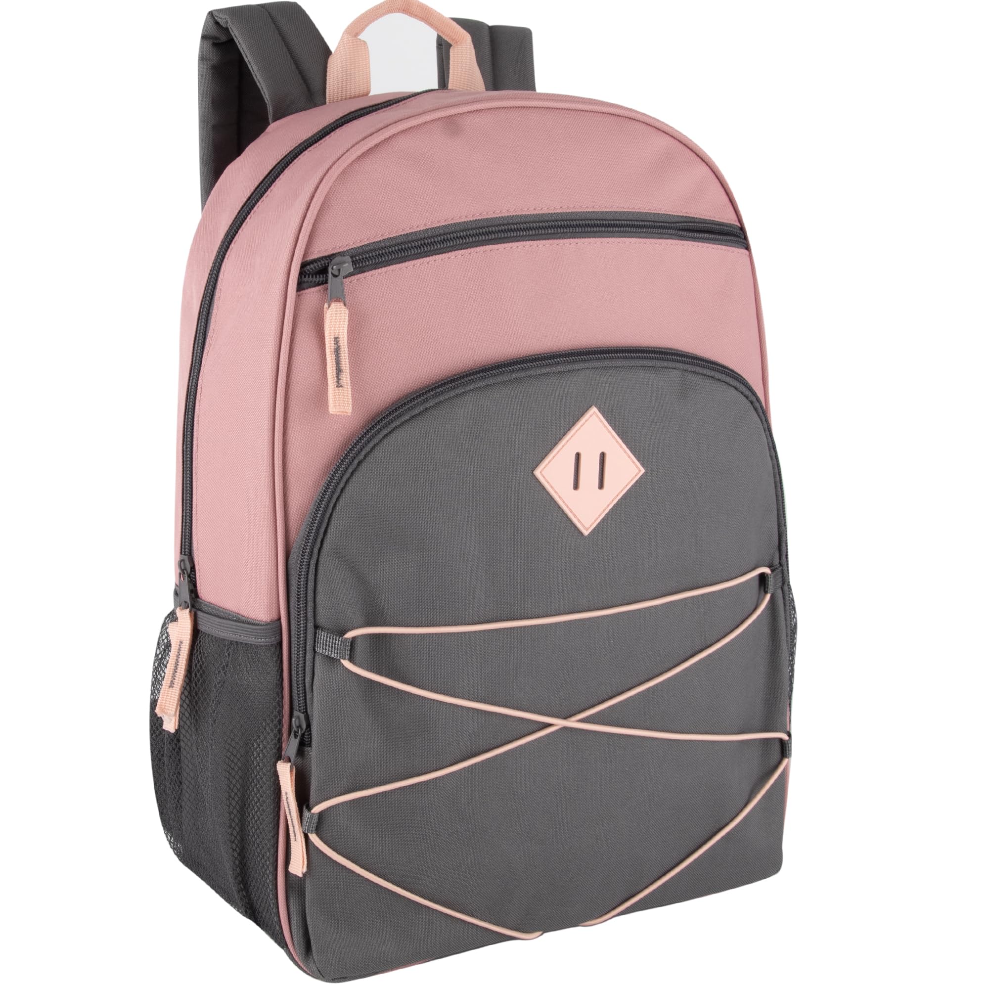 Boys and Girls School Backpacks with Bungee Cord Front | 17” Multi Pocket Backpack for Kids, Teens, Adults, Travel (Pink/Grey)