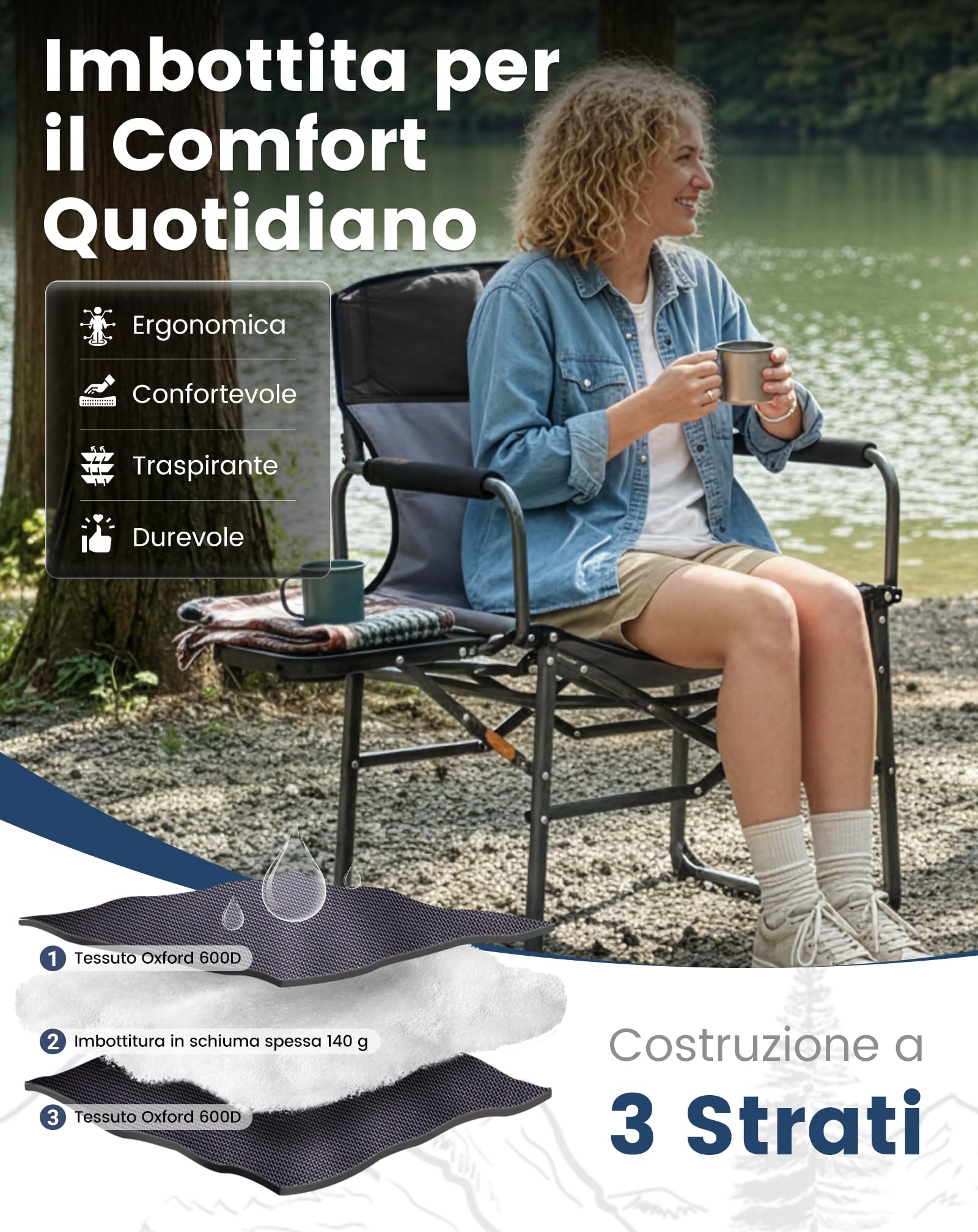 KingCamp Compatta Sedia da Regista Camping Pieghevole, Fino al 200 kg | Sedia da Campeggio Imbottita, Tavolino Laterale, Pacchetto Piccolo, Sedie da Pesca Portatile per Campeggio Spiaggia Giardino