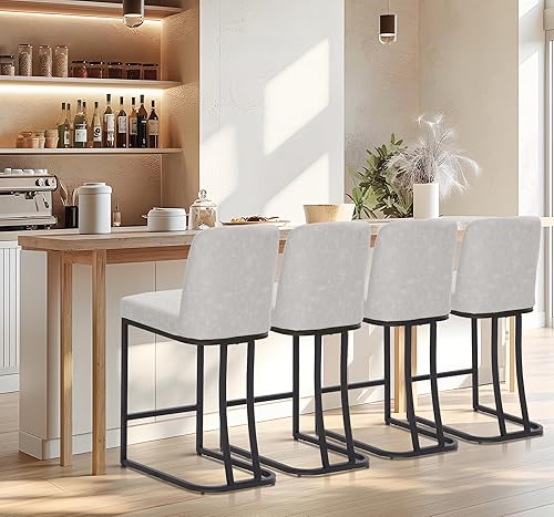 Miniatura 10 de Juego de 2 taburetes de bar de altura de mostrador de color blanco cremoso de 24 pulgadas, modernos taburetes de bar dorados con respaldo tapizado