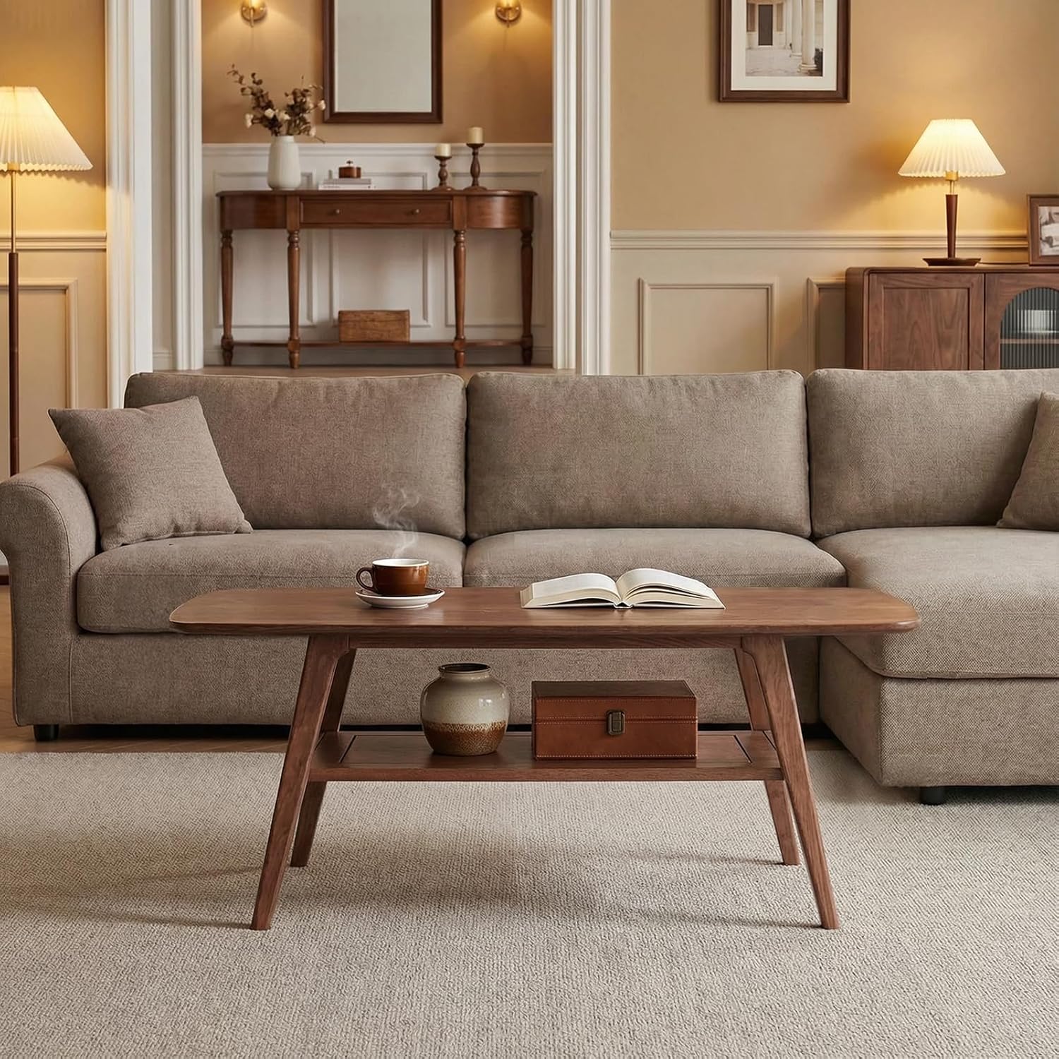 100% Solid Wood Coffee Table with Storage Shelf, 2-Tier Wooden Center Table for Living Room, Farmhouse Rustic Rectangle Table, Easy Assembly, 39.37inch