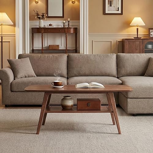 Miniatura 9 de Mesa auxiliar de madera maciza, mesa central de madera de 2 niveles para sala de estar, apartamento y oficina, mesa rectangular rústica de granja,