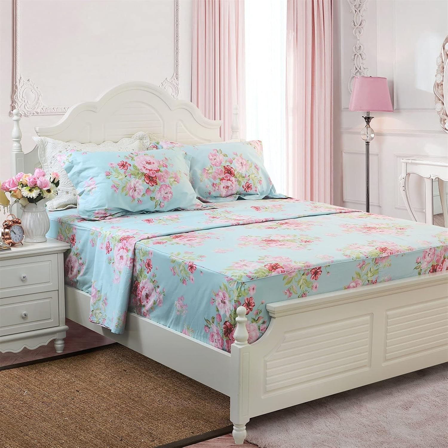 FADFAY Blue Comforter Set Shabby Floral Summer Quilt 100% Cotton Fabric Sheet Bedding Deep Pocket Bedding Set 7Pcs, Queen