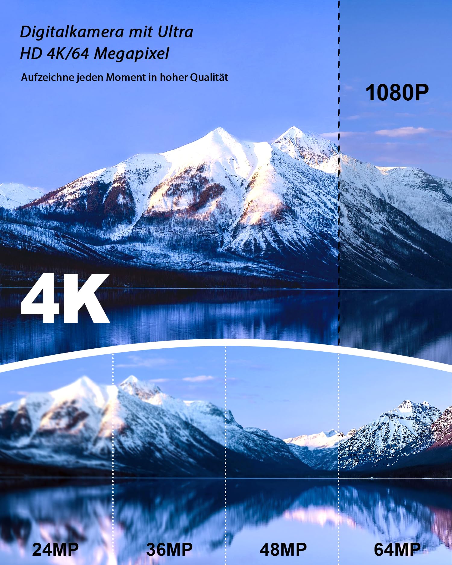 Digitalkamera 4K 64MP Fotokamera mit 4.0" Touchscreen, 16X Digitalzoom Kompaktkamera Mit für Anfänger mit WiFi, mit Kameratasche, 32GB TF-Karte