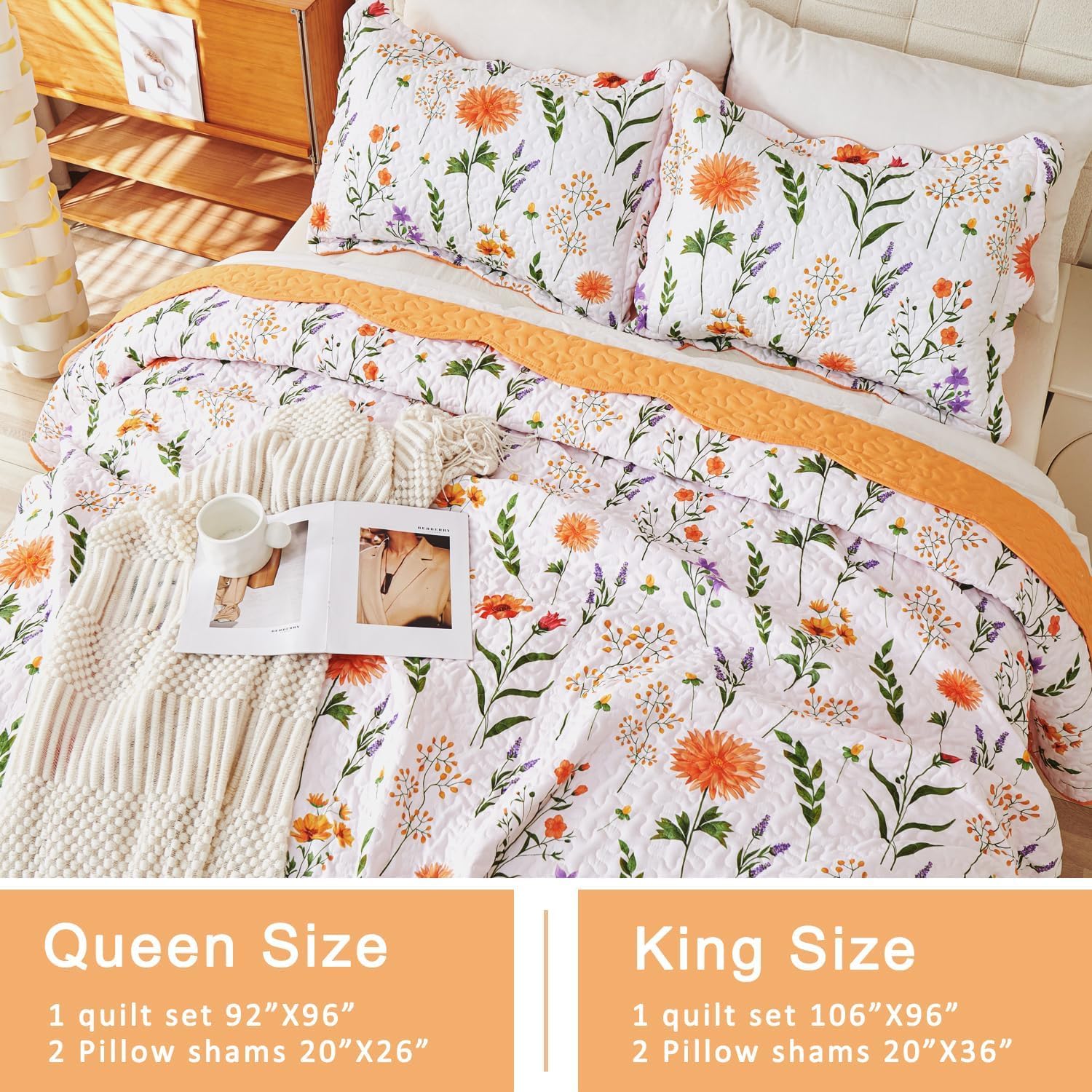 EVENHUG Quilt Queen Size Bedding Set Floral Bedspread Lightweight Reversible Bed Cover with 2 Pillow Shams for All Seasons 3 Pieces (92"X96")