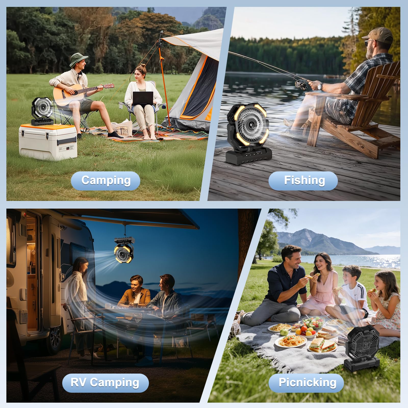 Ateroll 20000 mAh Akku Camping Ventilator mit Sprühnebel, USB Ventilator mit Fernbedienung, LED, Aufhängehaken Tischventilator