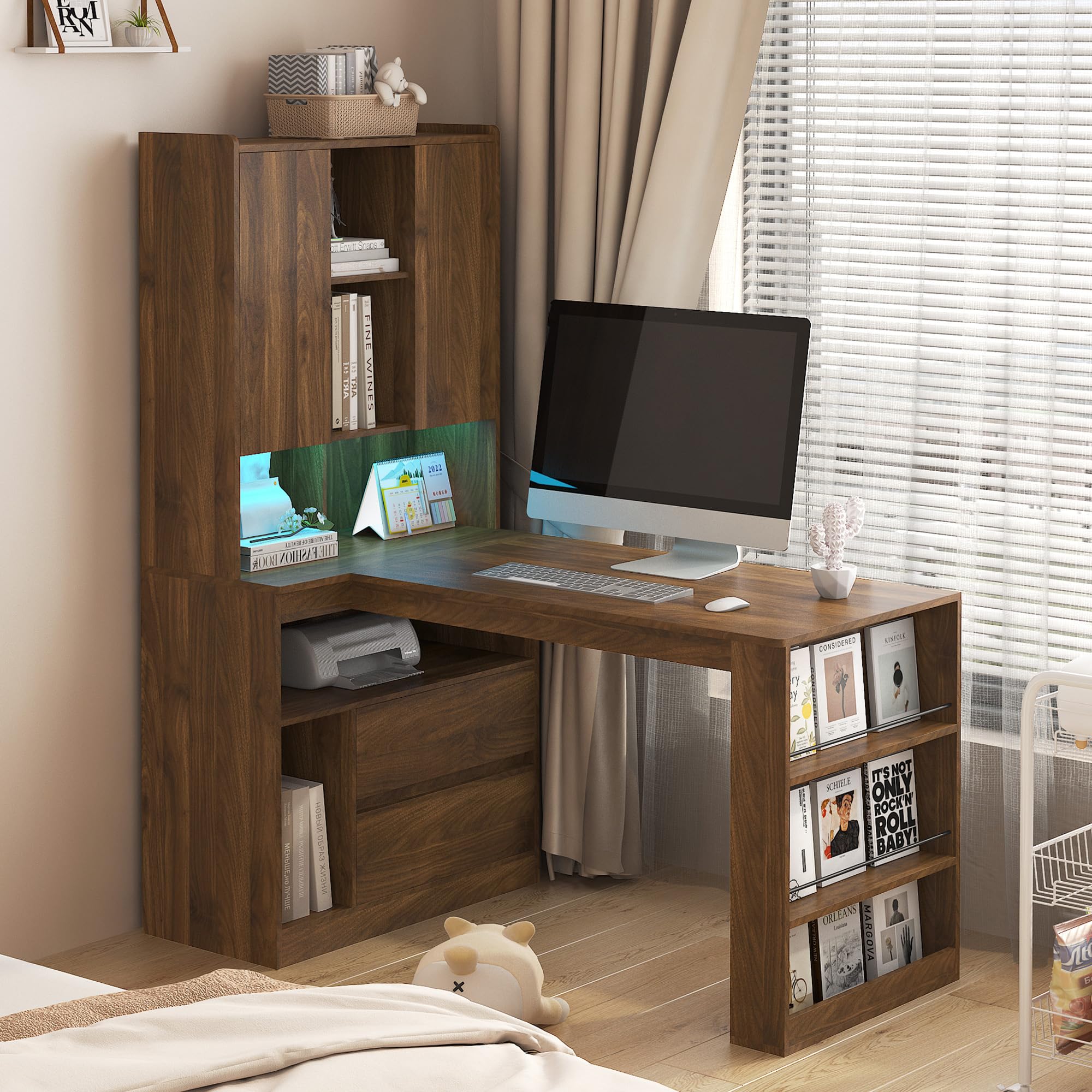 KEIKI L Shaped Home Office Desks with LED Light, Hutch, Drawers, Bookshelf & Storage Shelves, Modern Wooden Gaming Computer Corner Table for Work,
