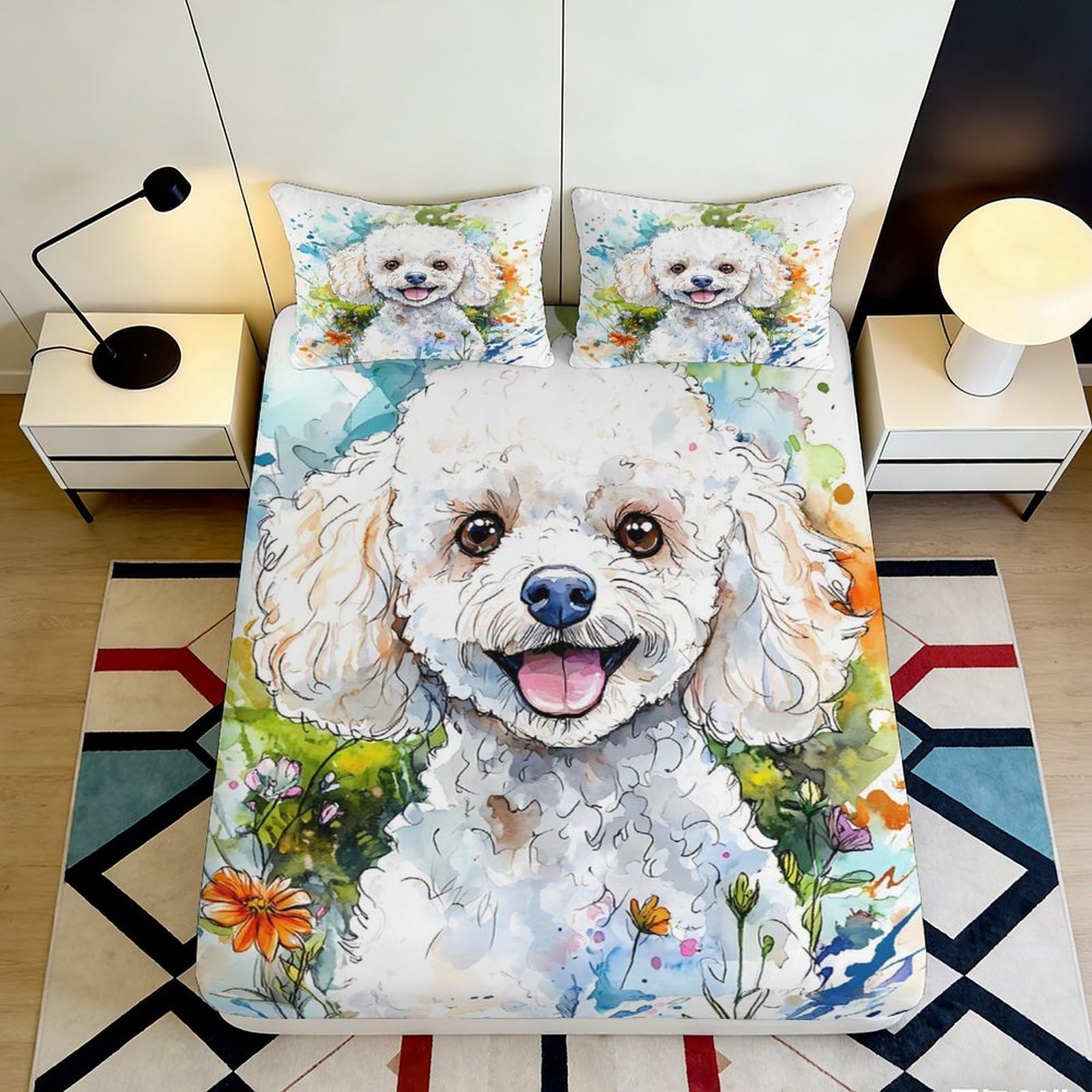 3D Printed Cartoon Poodle Fitted Sheet Microfiber Anti-Slip Colorful Flowers Mattress Cover for Bedroom Guestroom Decor 180x200x25cm