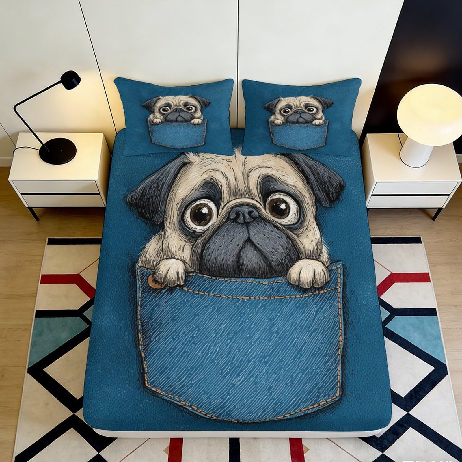 3D Printed Cartoon Pug Fitted Sheet Microfiber Cute Dog Pocket Bed Cover Anti-Slip Washable for Bedroom Guestroom Decor 90x200x25cm