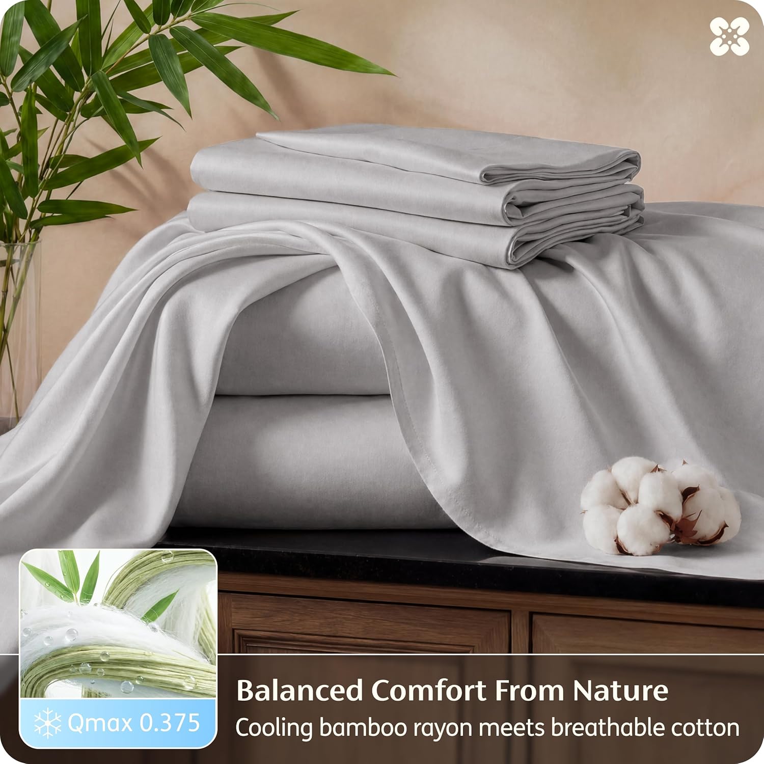 Bedsure Bamboo Viscose Cooling Sheets, Rayon Cotton Serene Blend, PureWoven, Breathable & Buttery Soft Queen Size Bed Set, Deep Pocket Up to 18", Hotel Luxury Bedding for Hot Sleepers, Grey Grey Queen