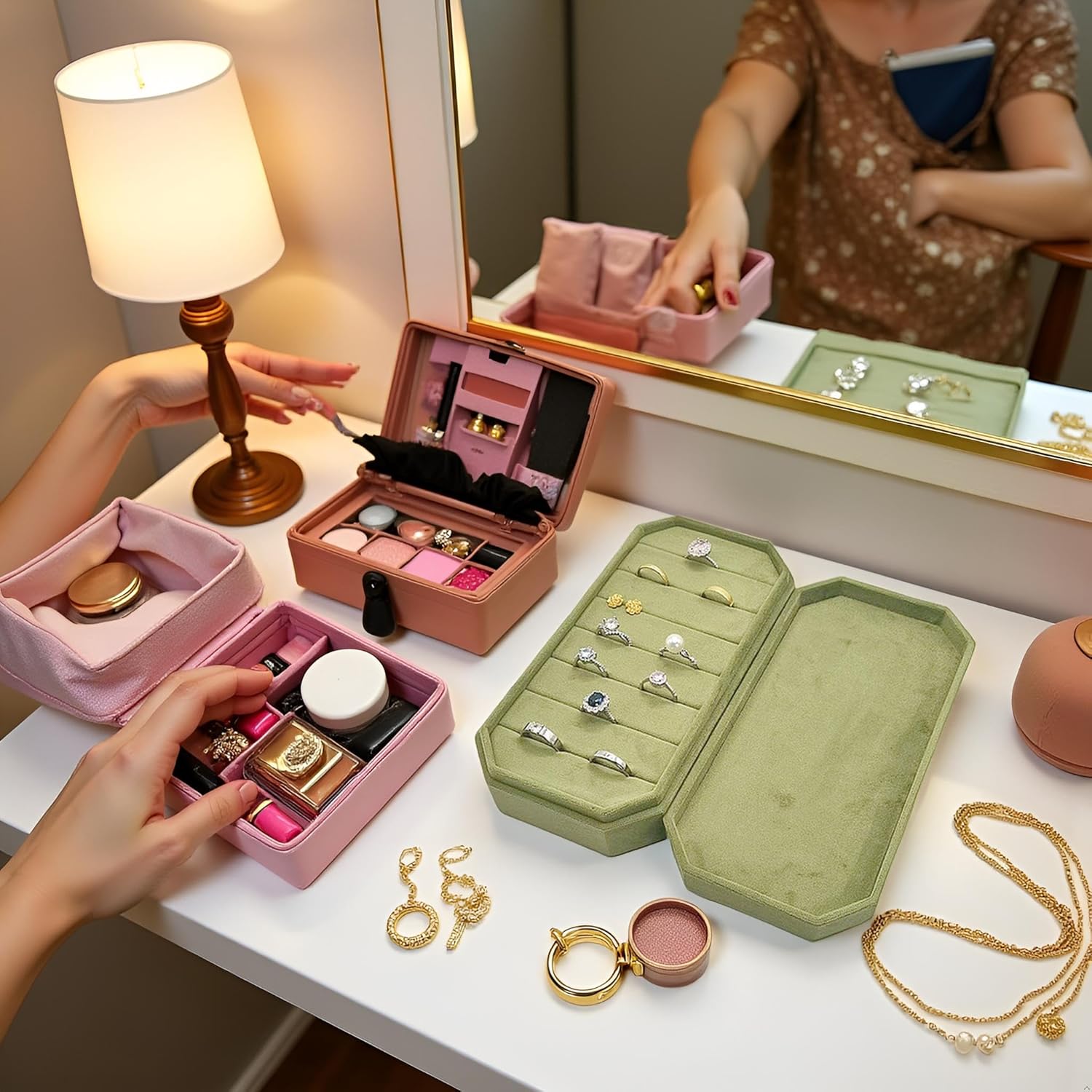 Velvet Ring Organizer Box - Ring Jewelry Box for Rings Earring, Jewelry Tray Rings holder Display Case for Girl Women (8.07"x4.13"x2.16") -PRB024-Green