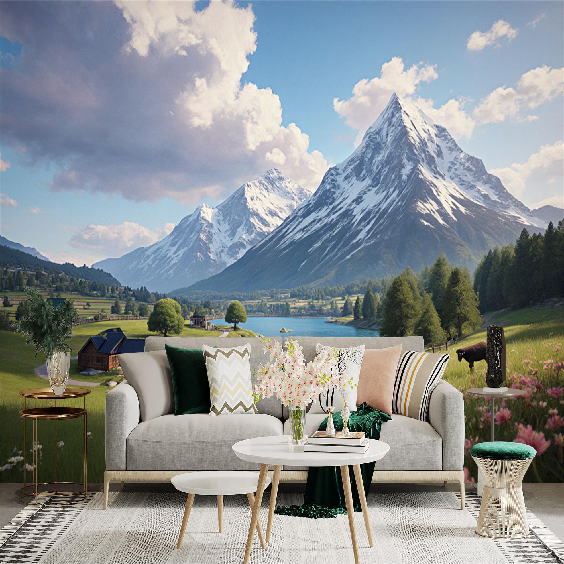 Custom Size Wall Sticker Mural， Snowy Mountains with Lake， Countryside Cabin and Meadow Flowers， for wall Decoration， peelandstick wall Decals.