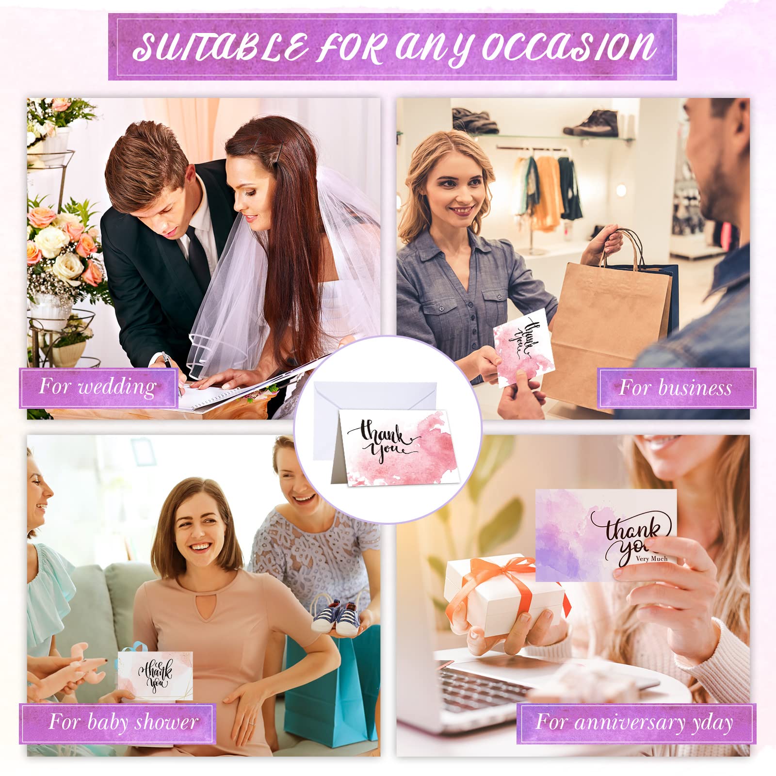 100 Cartes de Remerciement d'Aquarelle avec Enveloppes Autocollants Set de Cartes de Note Thank You Cartes de Vœux d'Affaires pour Mariage Fiançailles Graduation Baby Shower
