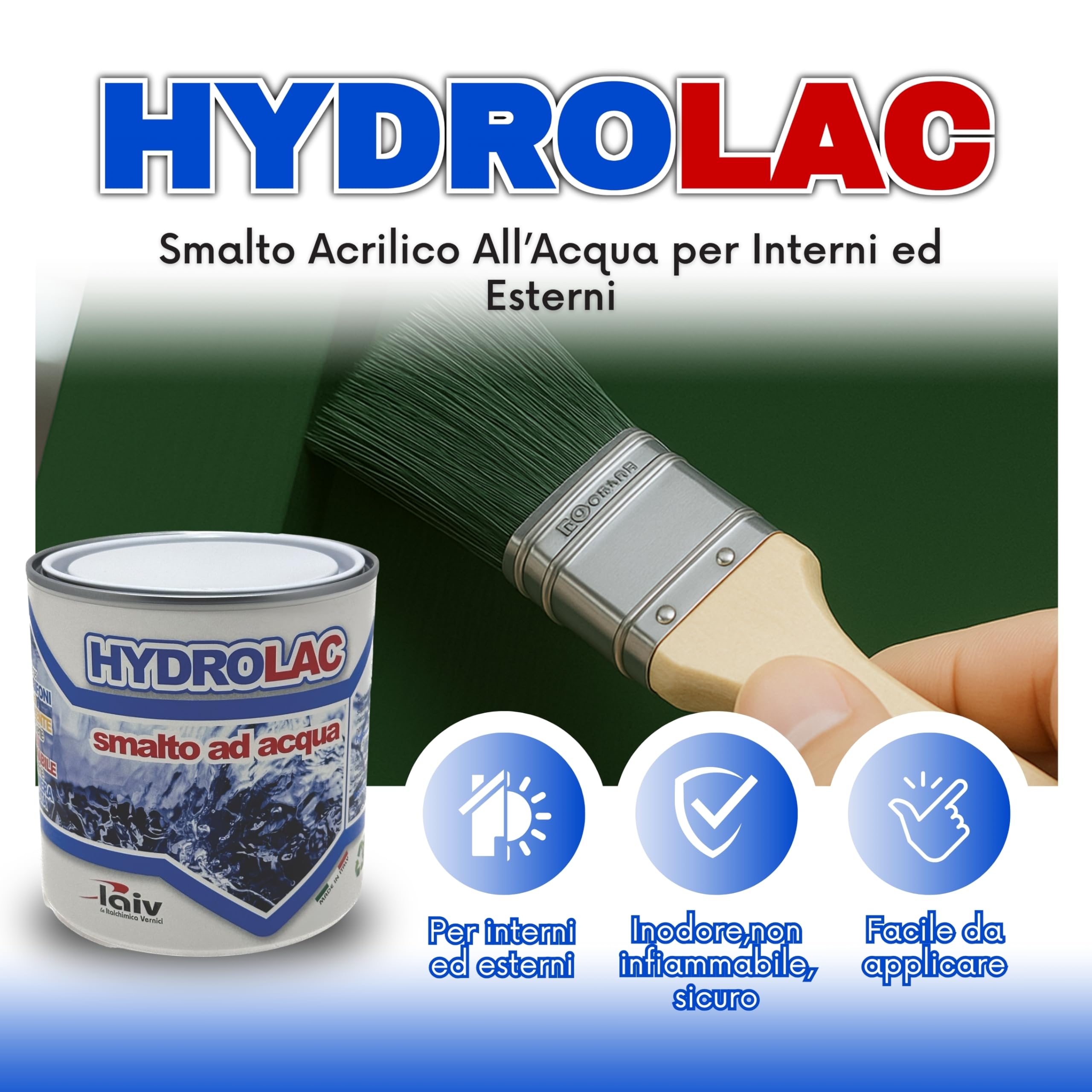 laiv HYDROLAC Smalto Acrilico ad Acqua per Interni ed Esterni – Inodore, Rapida Essiccazione, Non Infiammabile – Uso Professionale Ecologico (Verde Muschio 023, 2,5 Litri)