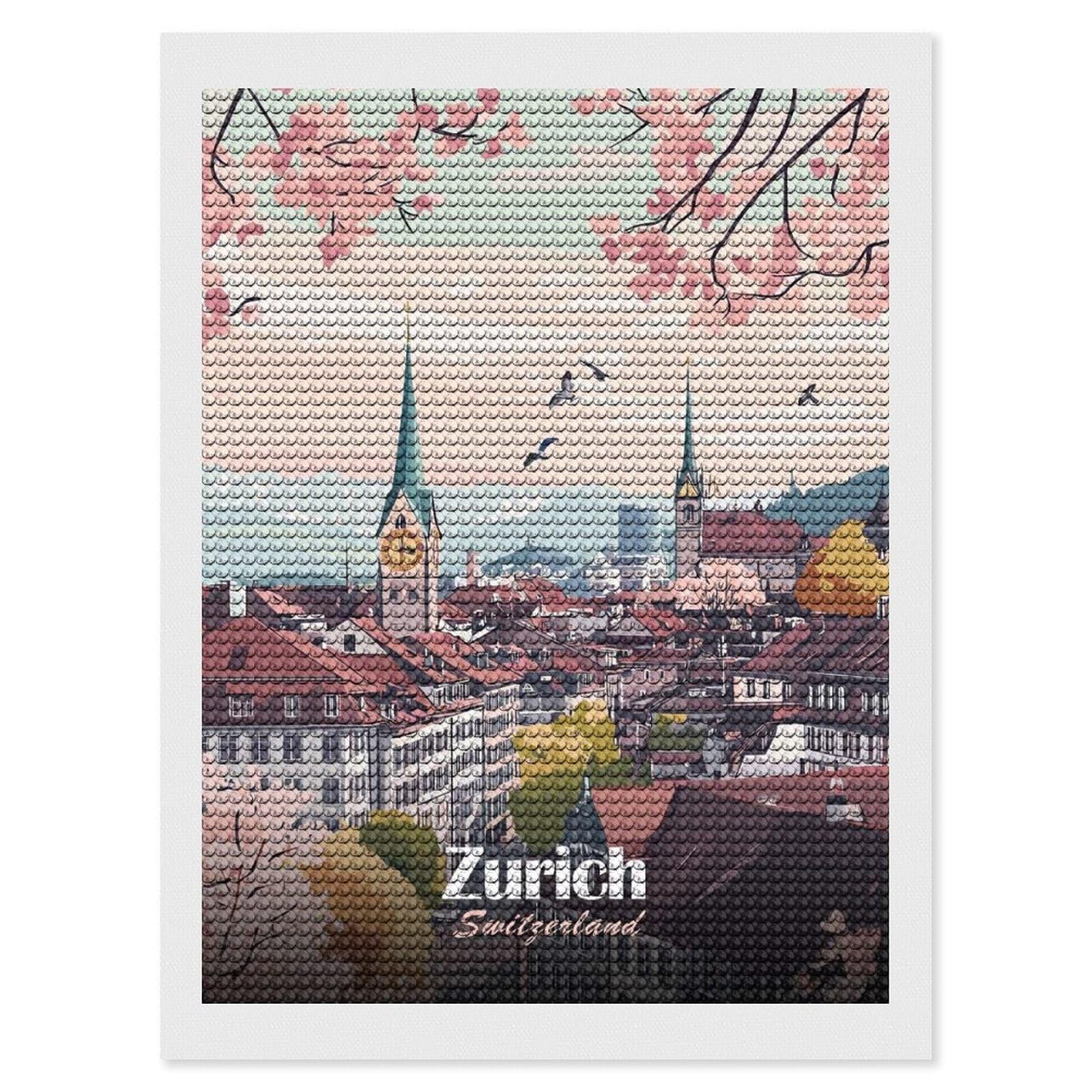 Junmoney Zurich Cityscape Diamond Painting Canvas Kit 12"x16", Relaxing DIY, Modern Decor, Aesthetic Room Decor, Home Wall Art, Wall Art Gift