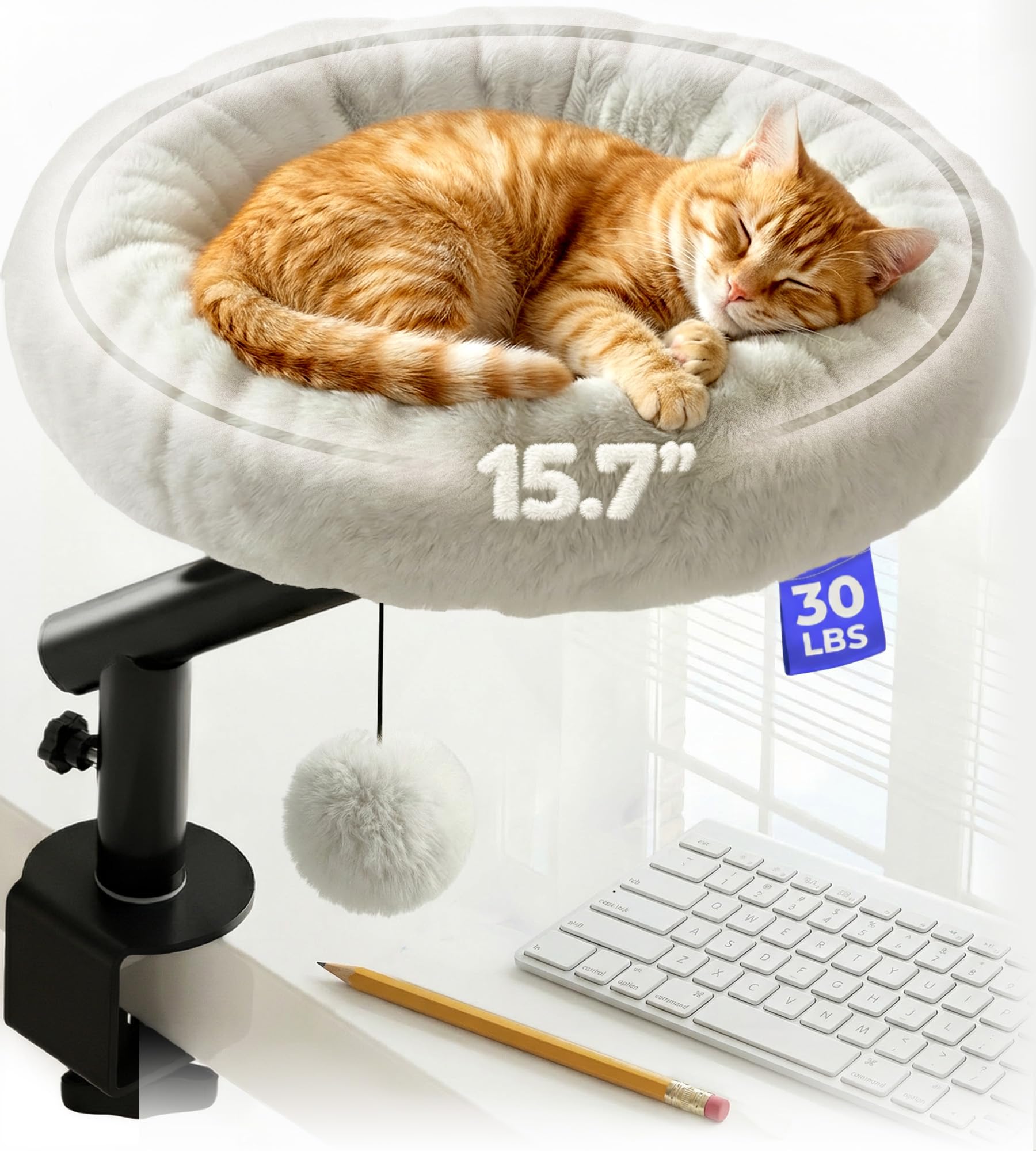 PetLovers Cat Desk Bed - Plush Elevated Desk Bed Attachment with Removable Washable Cushion, 360° Swivel Arm, Secure Clamp - Keeps Your Pet Close While You Work or Play