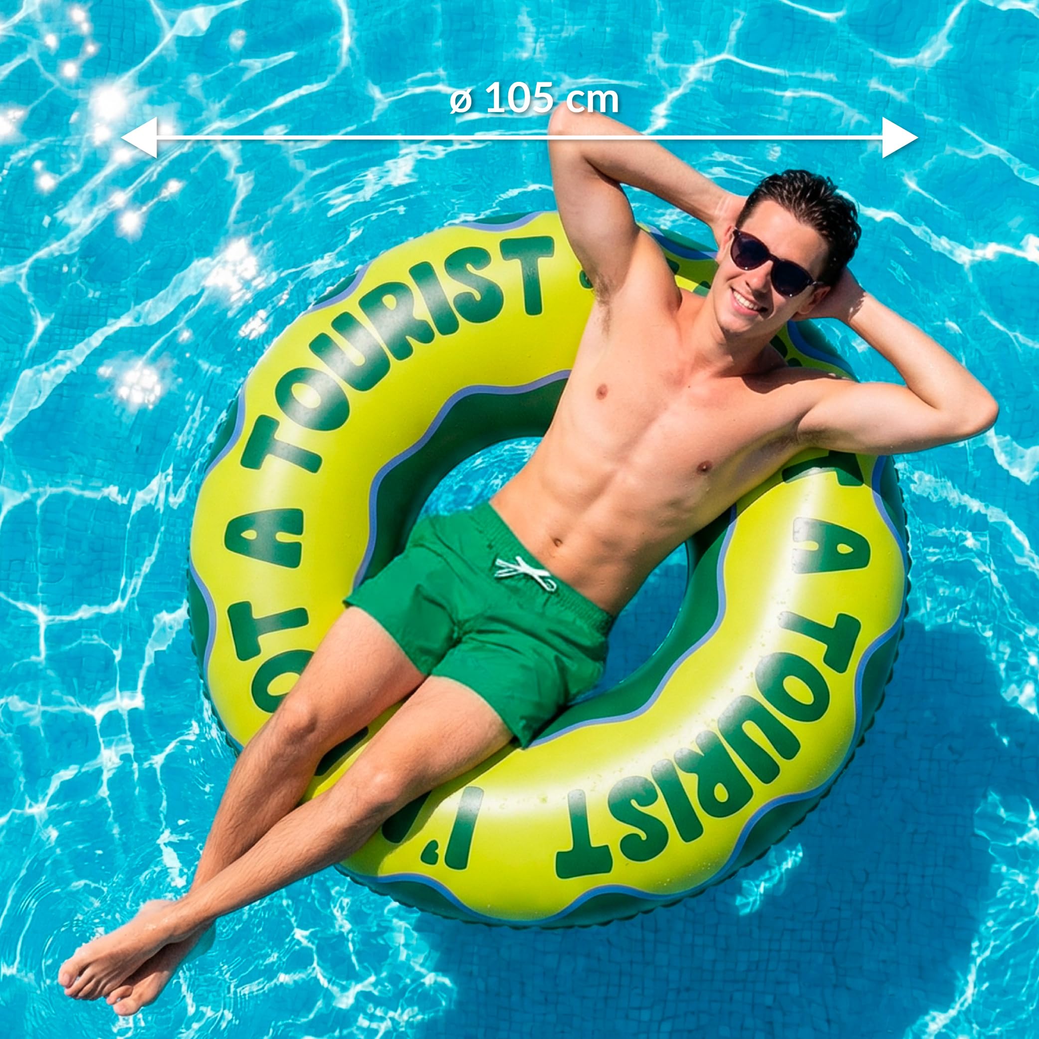 Fisura – Koło dmuchane „I'm not a tourist” zielone 105 cm, koło dmuchane z zaworem bezpieczeństwa do szybkiego pompowania, dmuchane koło do pływania na basen i plażę