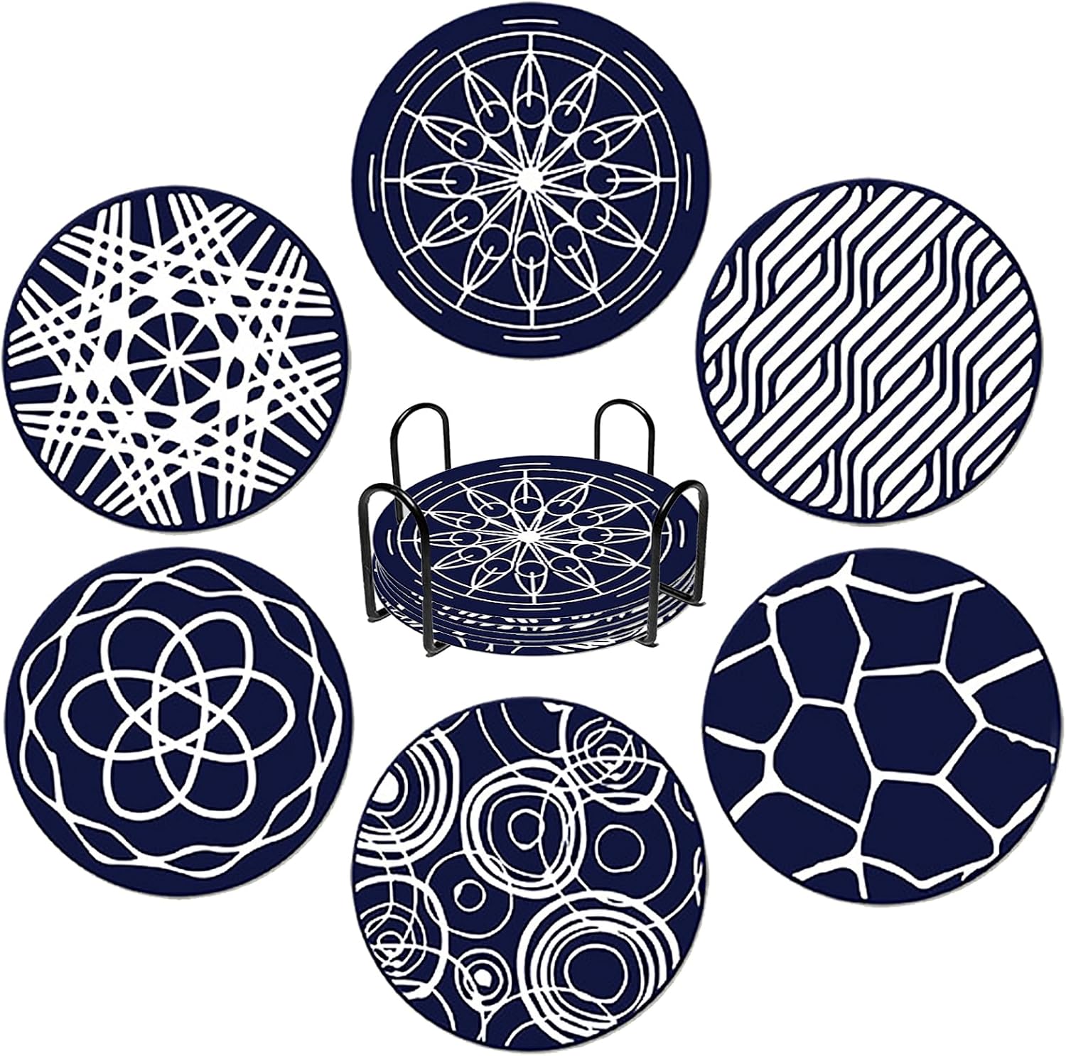 Silicone Coasters with Holder, Blue Round Drink Coasters Set of 6