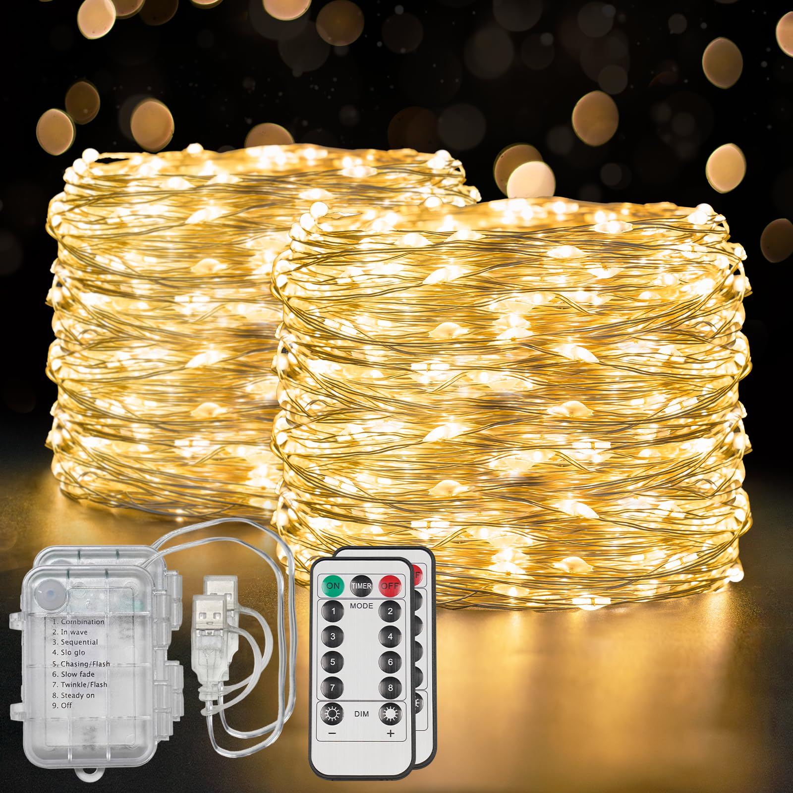 suddus Filo di luci decorative in rame flessibile, impermeabile, luce bianca calda, confezione da 2 pezzi per un totale di 40 m, 400 LED a batteria/USB, luci scintillanti per camera da letto