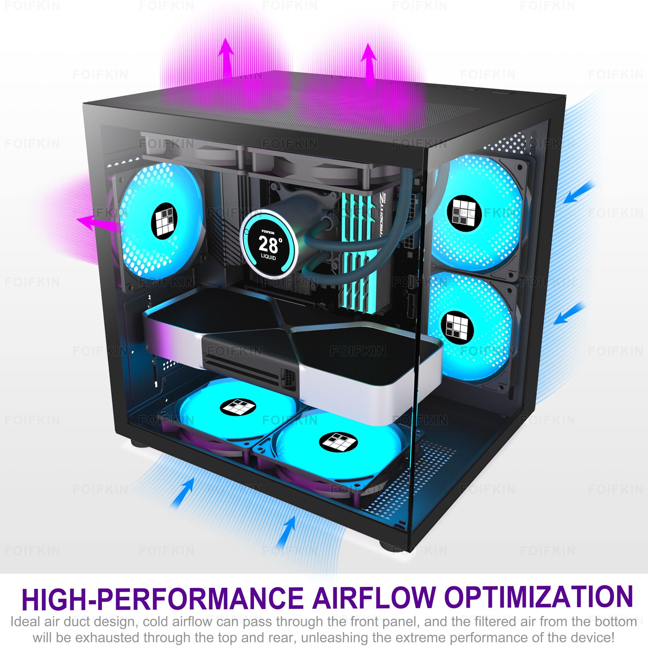 FOIFKIN F100 Micro-ATX PC Gehäuse mit 3 ARGB Lüfter, MicroATX Gehäuse Schwarz,MINI PC-Gehäuse Gaming,240mm Radiator Computergehäuse,270° Panorama Tempered Glass