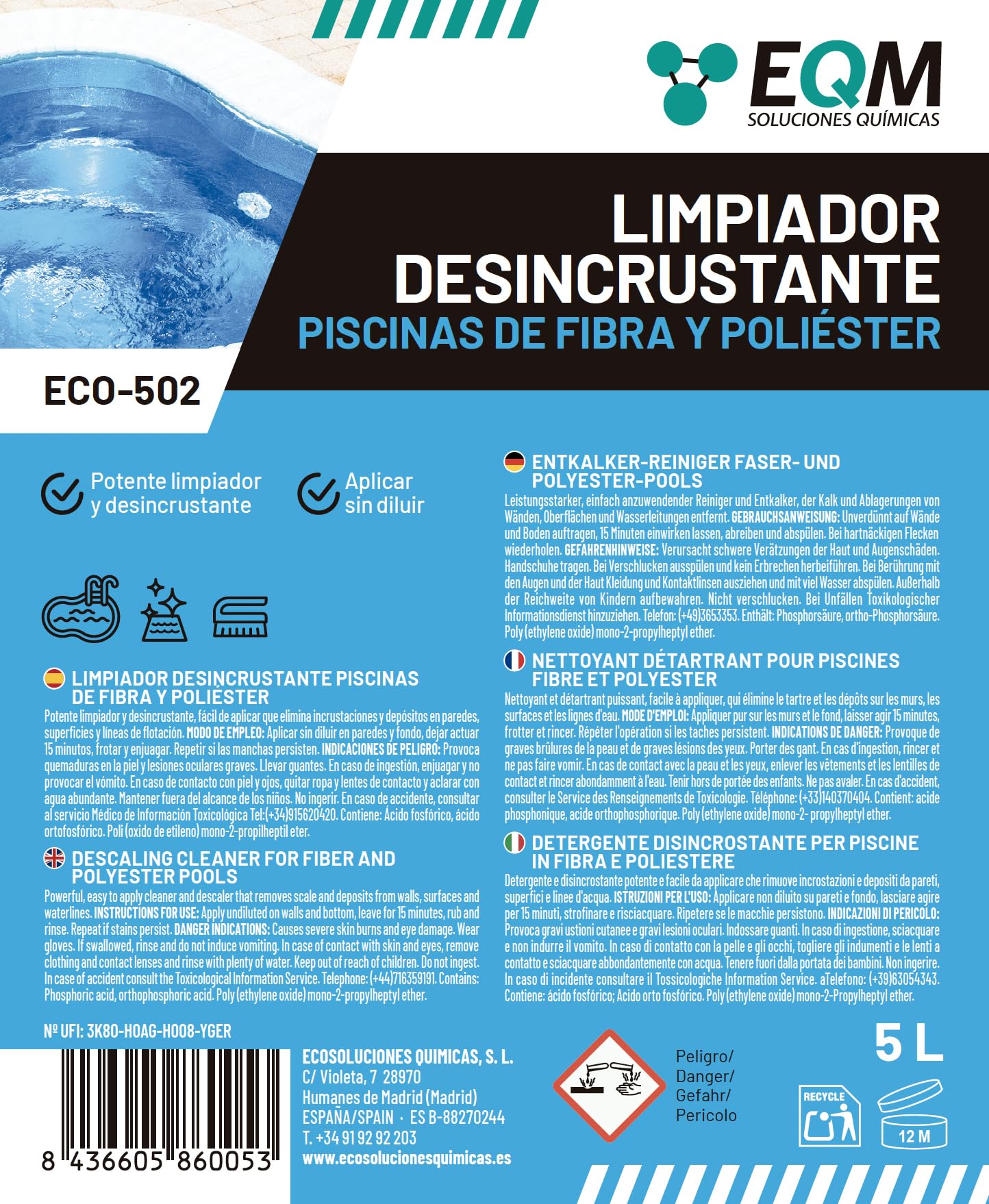 EQM - ECO-502 - Limpiador Desincrustante Piscinas Fibra-Poliéster - 5L - Limpieza del Vaso, Bordes y línea de flotación - Elimina Todo Tipo de Incrustaciones