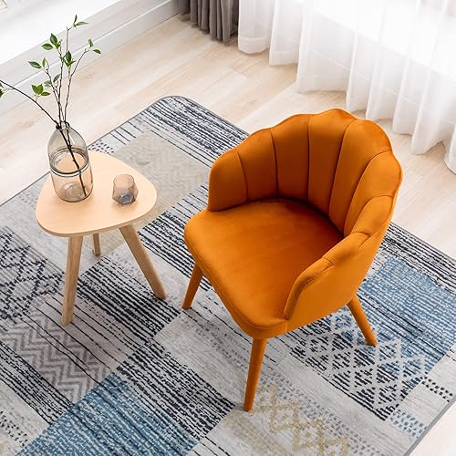 Miniatura 8 de Juego de 2 sillas de comedor de terciopelo modernas con respaldo de pétalos y patas de madera, cómodas sillas laterales tapizadas para comedor,