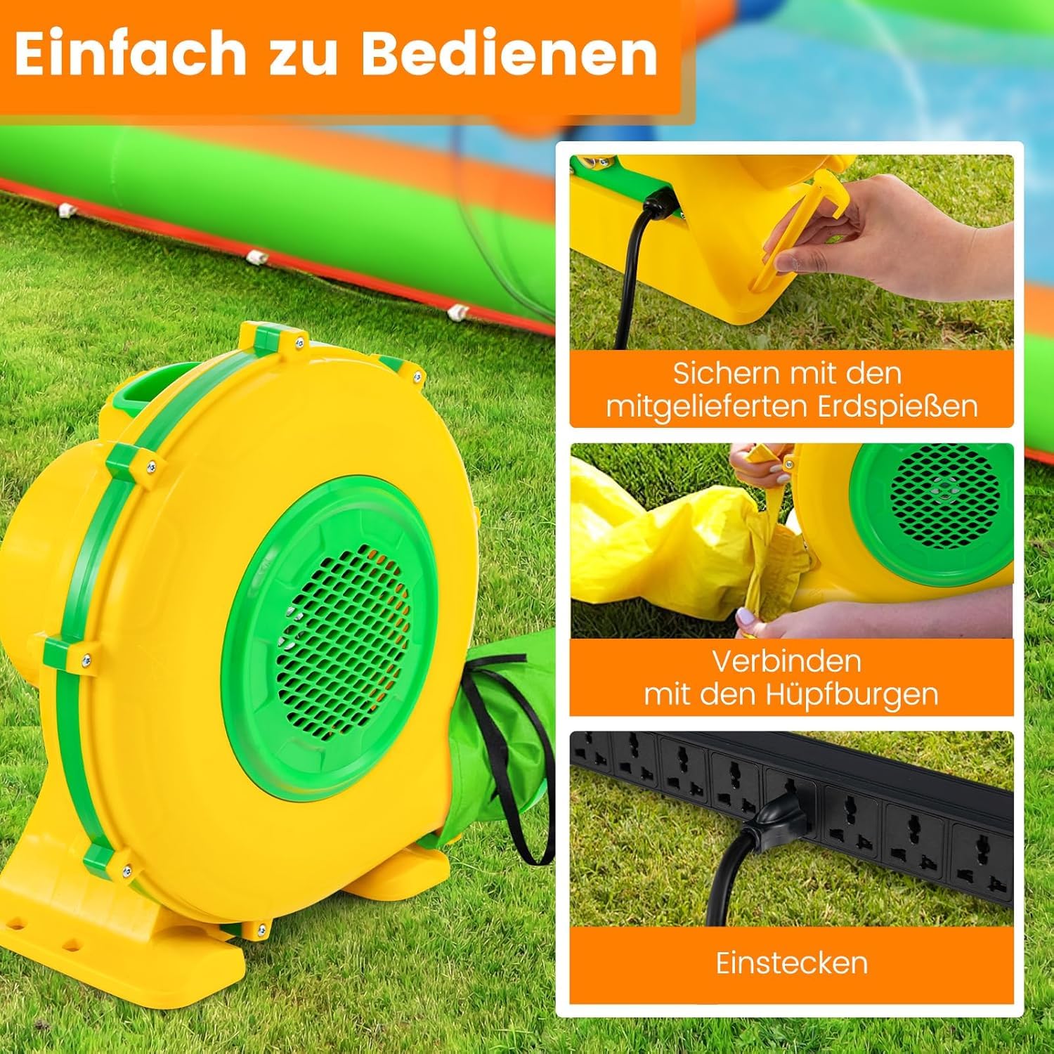 FANTASK Hüpfburge-Gebläse Luftgebläse 950W elektrischer Radiallüfter mit Griff und Erdspießen