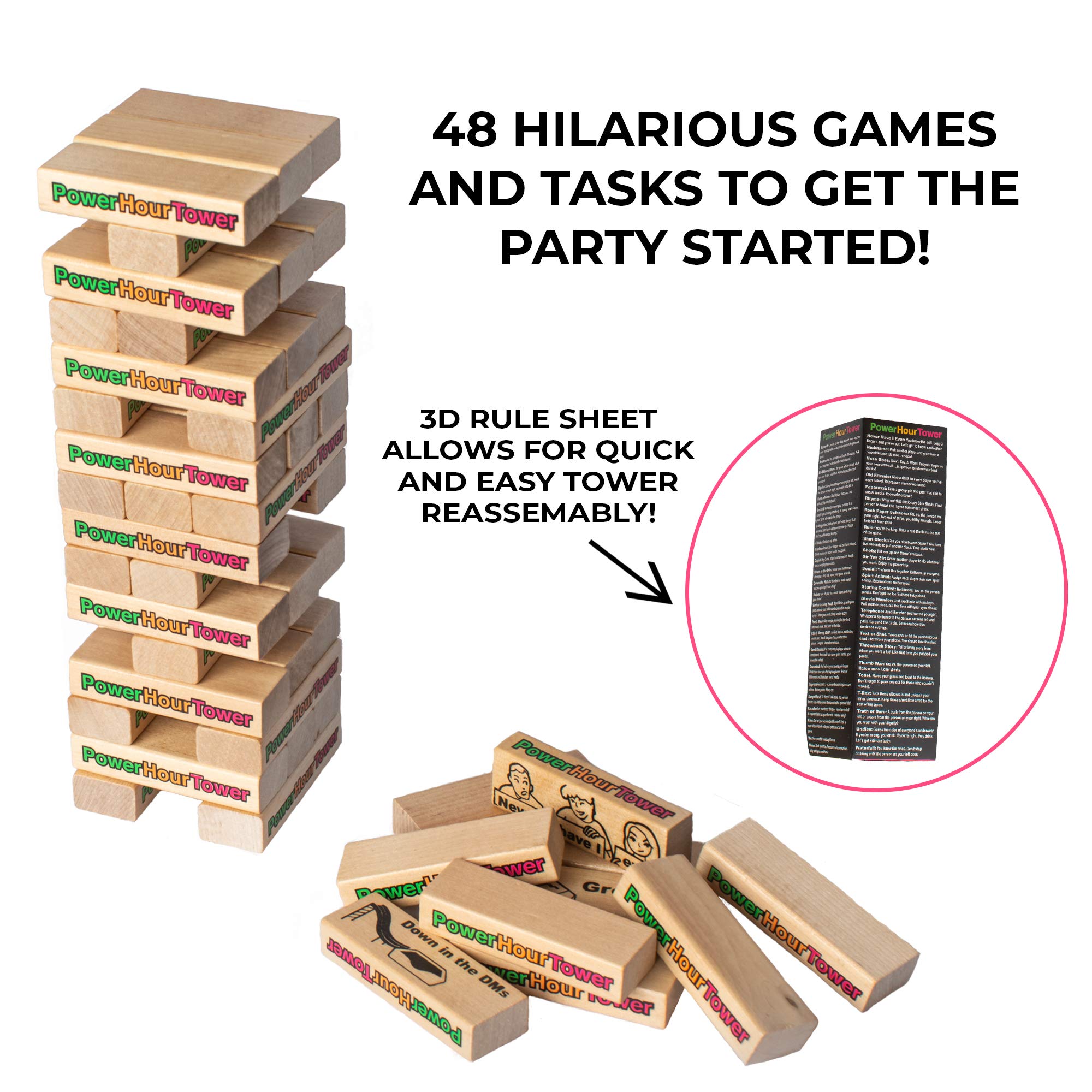 Power Hour Tower Party Game Stacking Wooden Block for Adult Group Fun