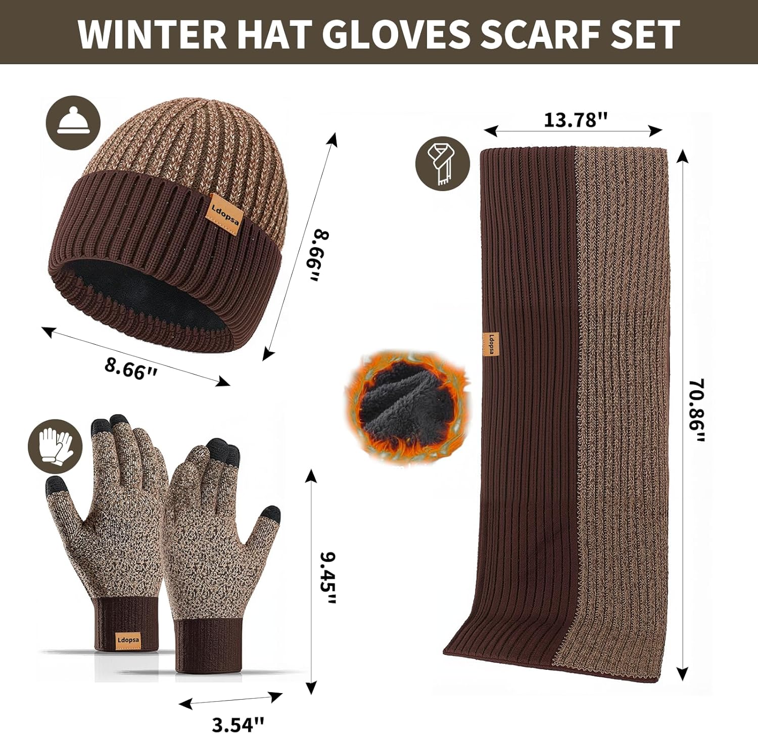 Mens Winter Beanie Hats Scarf for Men with Touchscreen Gloves, Warm Long Scaves Fleece Lined Hats Knit Gloves Set Gifts - Image 3