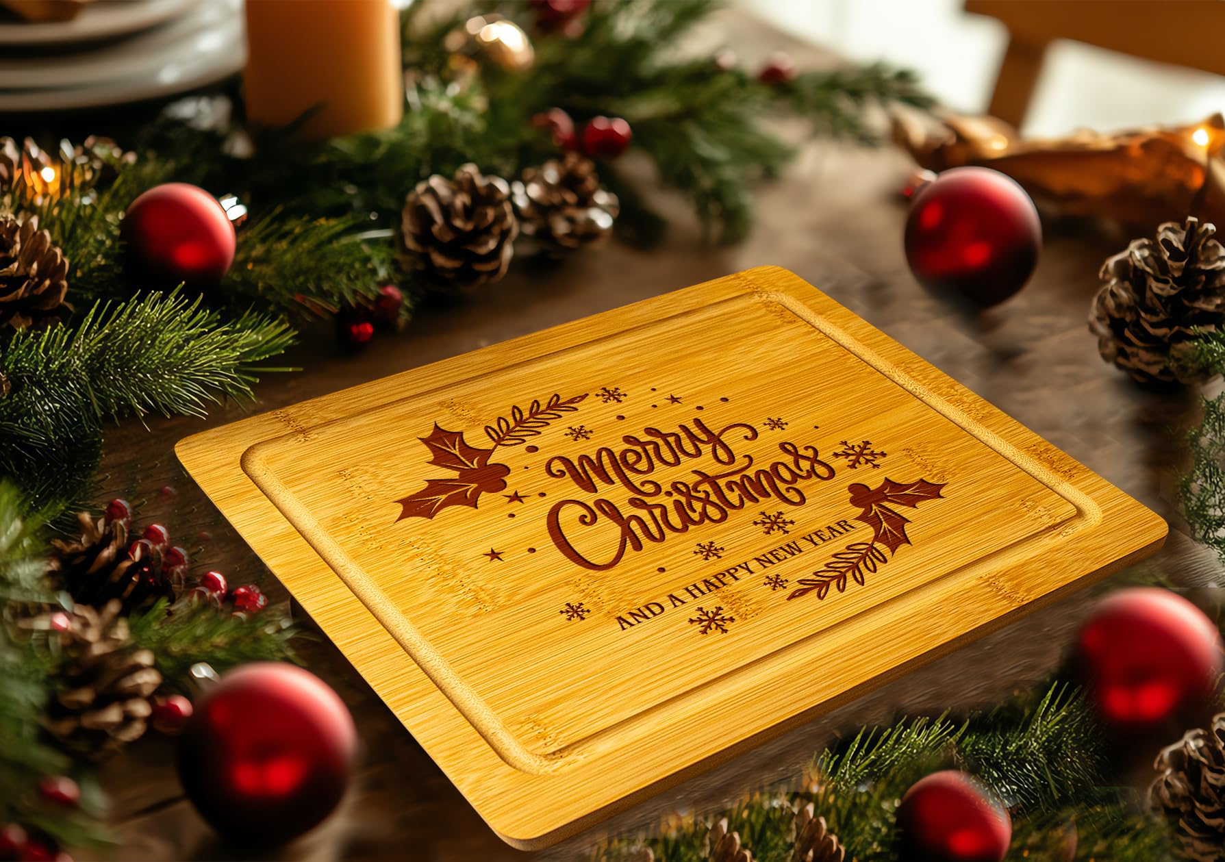 Christmas Themed Wood Cutting Board - Unique Christmas 2024 Gift For Kitchen - Decorative Christmas Serving Tray